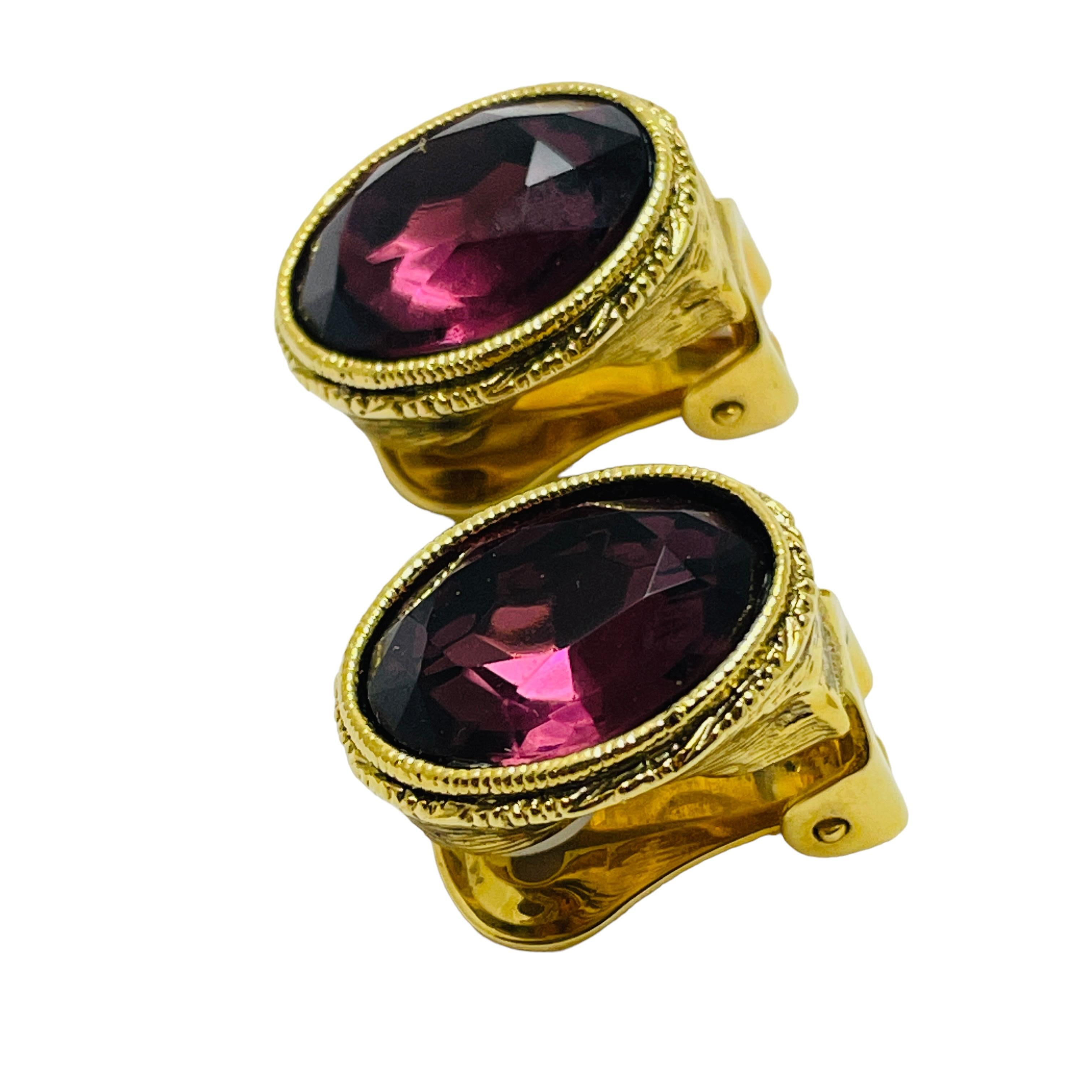 Women's or Men's Vintage gold amethyst glass designer clip on earrings For Sale