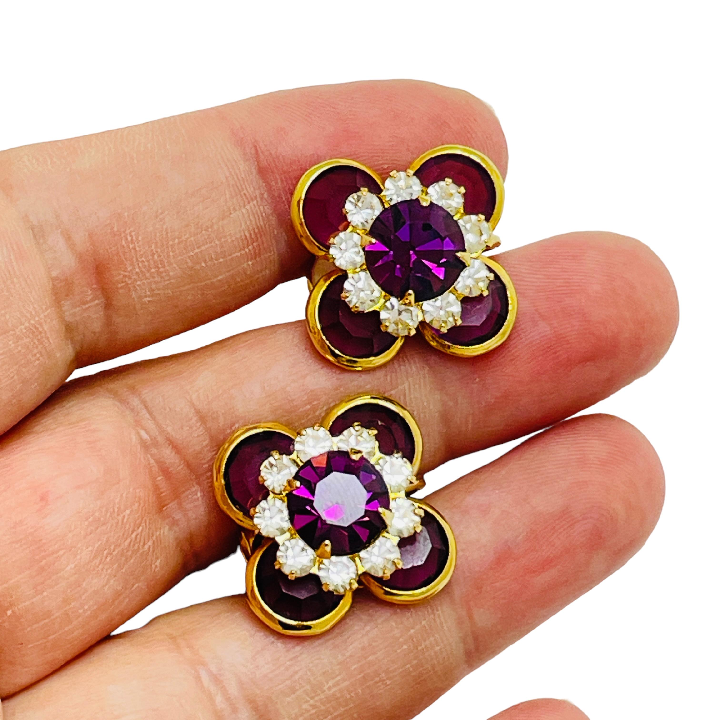 Women's Vintage gold amethyst glass designer clip on earrings For Sale