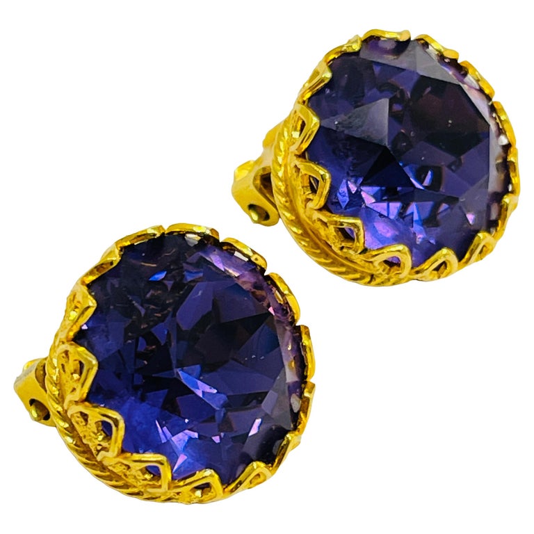 Vintage gold amethyst glass designer clip on earrings For Sale at 1stDibs