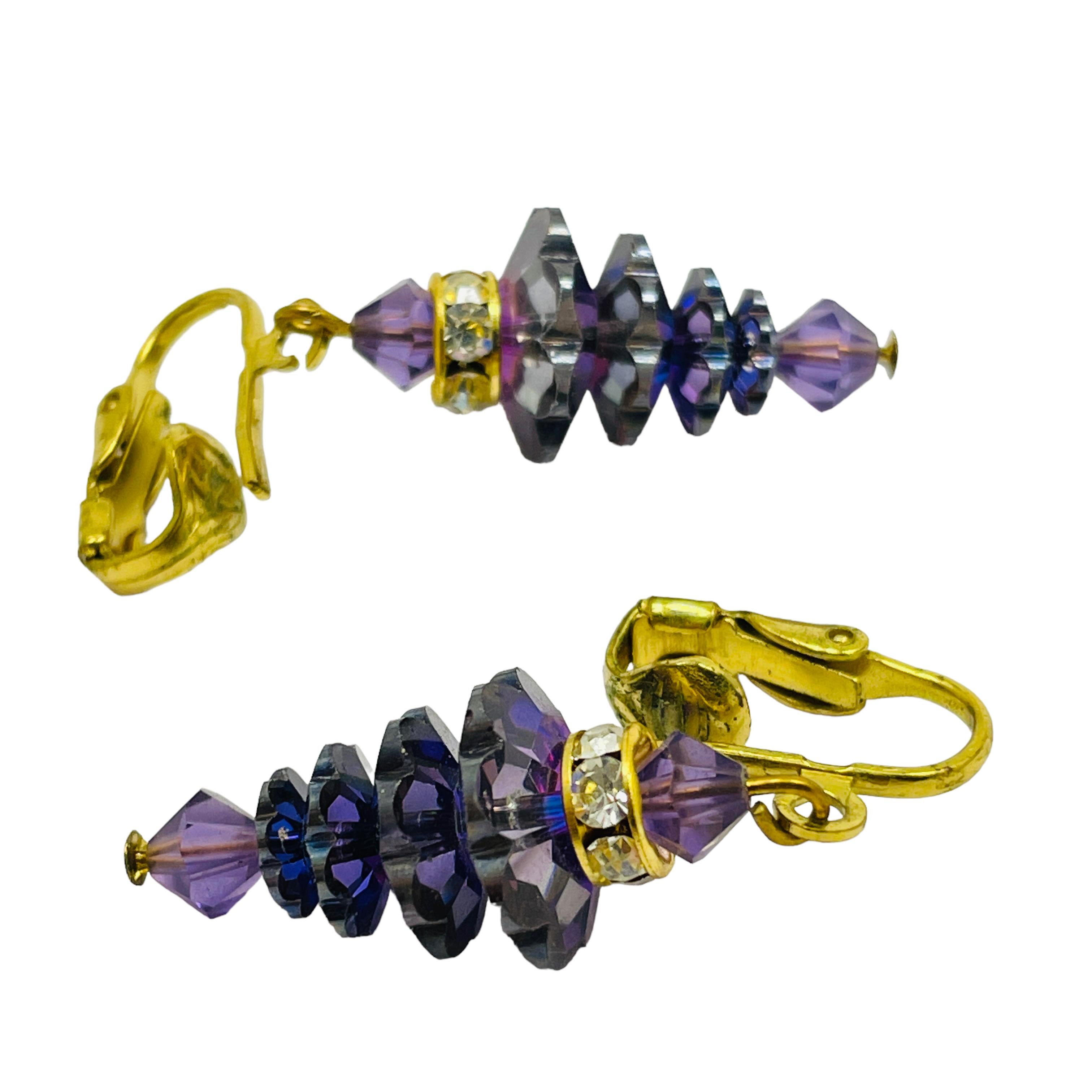 Vintage gold amethyst glass designer drop clip on earrings In Good Condition In Palos Hills, IL