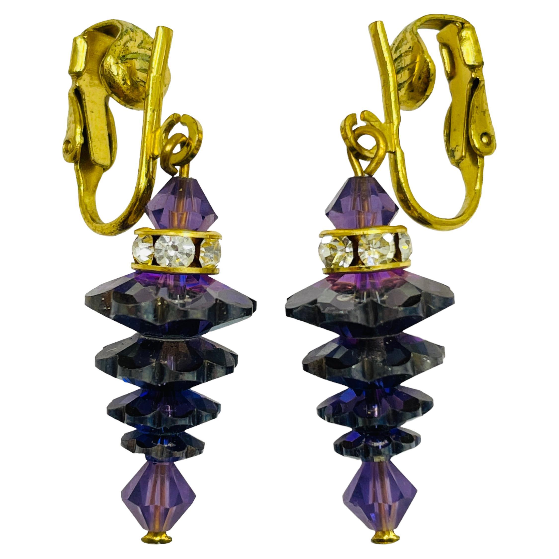 Vintage gold amethyst glass designer drop clip on earrings For Sale