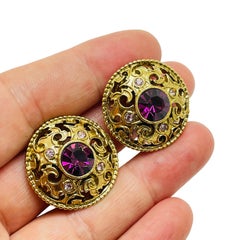 Vintage gold amethyst glass designer runway clip on earrings