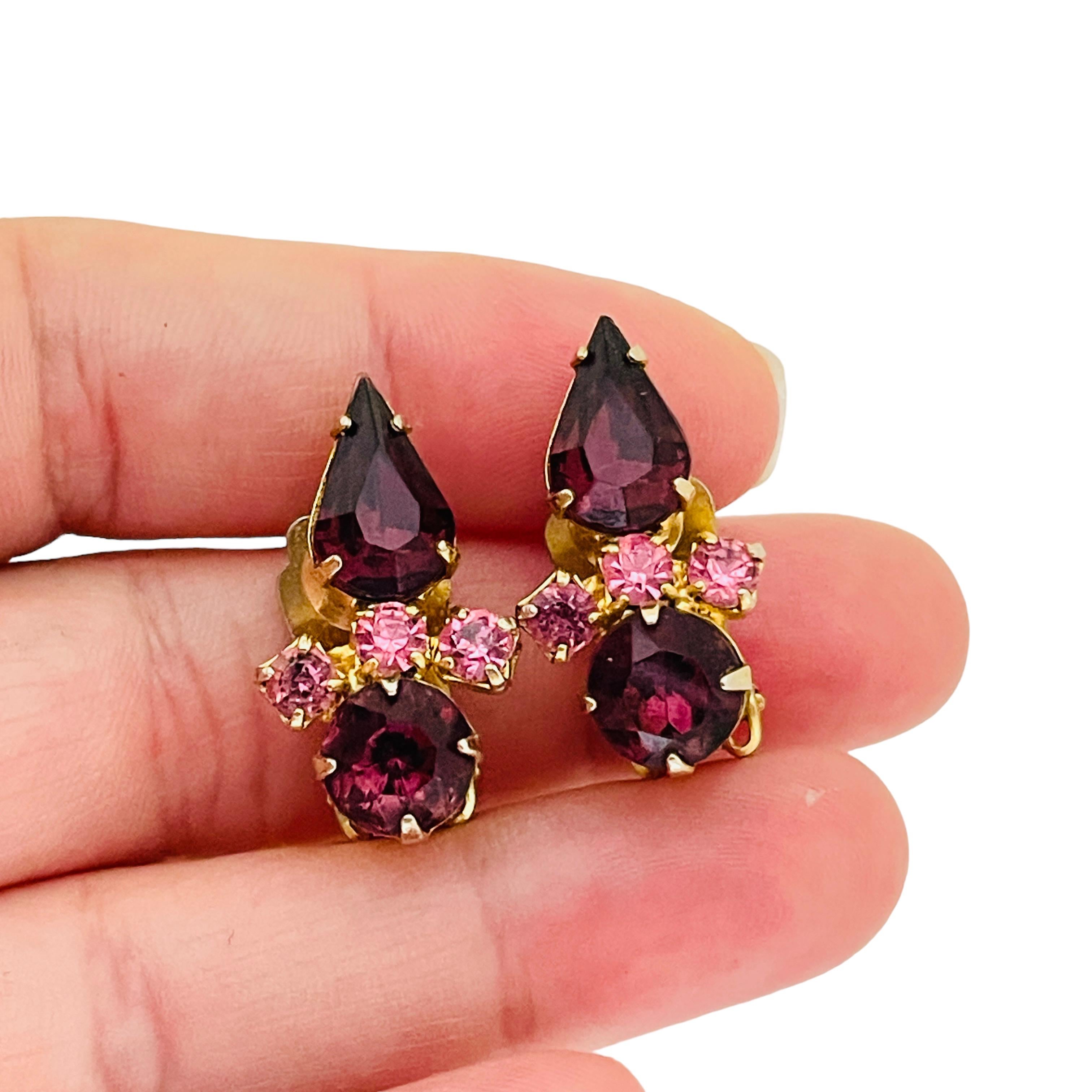 Women's or Men's Vintage gold amethyst glass designer runway clip on earrings For Sale