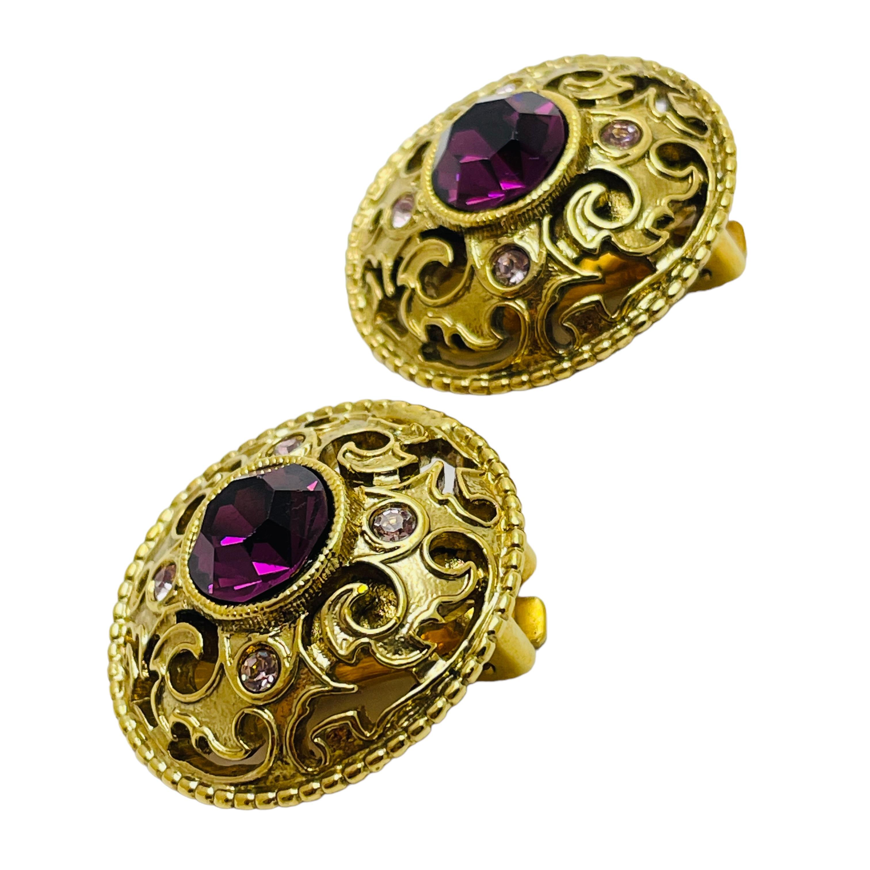 Women's or Men's Vintage gold amethyst glass designer runway clip on earrings For Sale