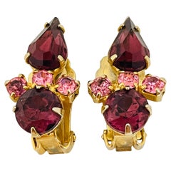 Retro gold amethyst glass designer runway clip on earrings 