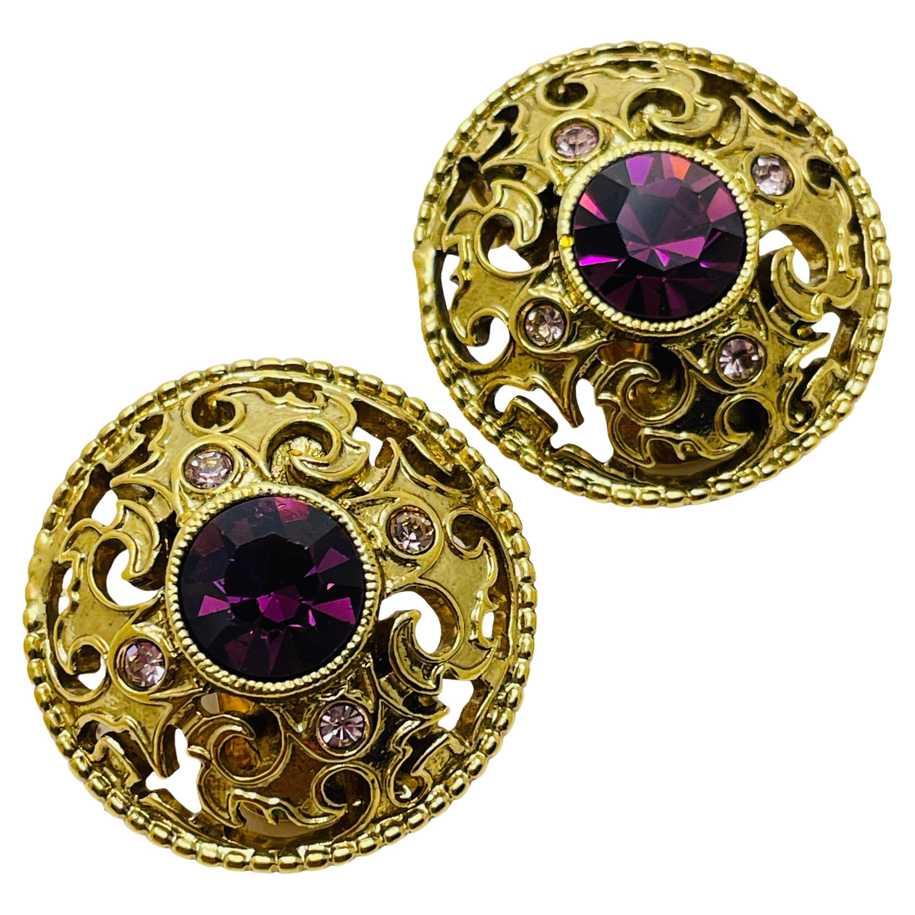 Vintage gold amethyst glass designer runway clip on earrings For Sale