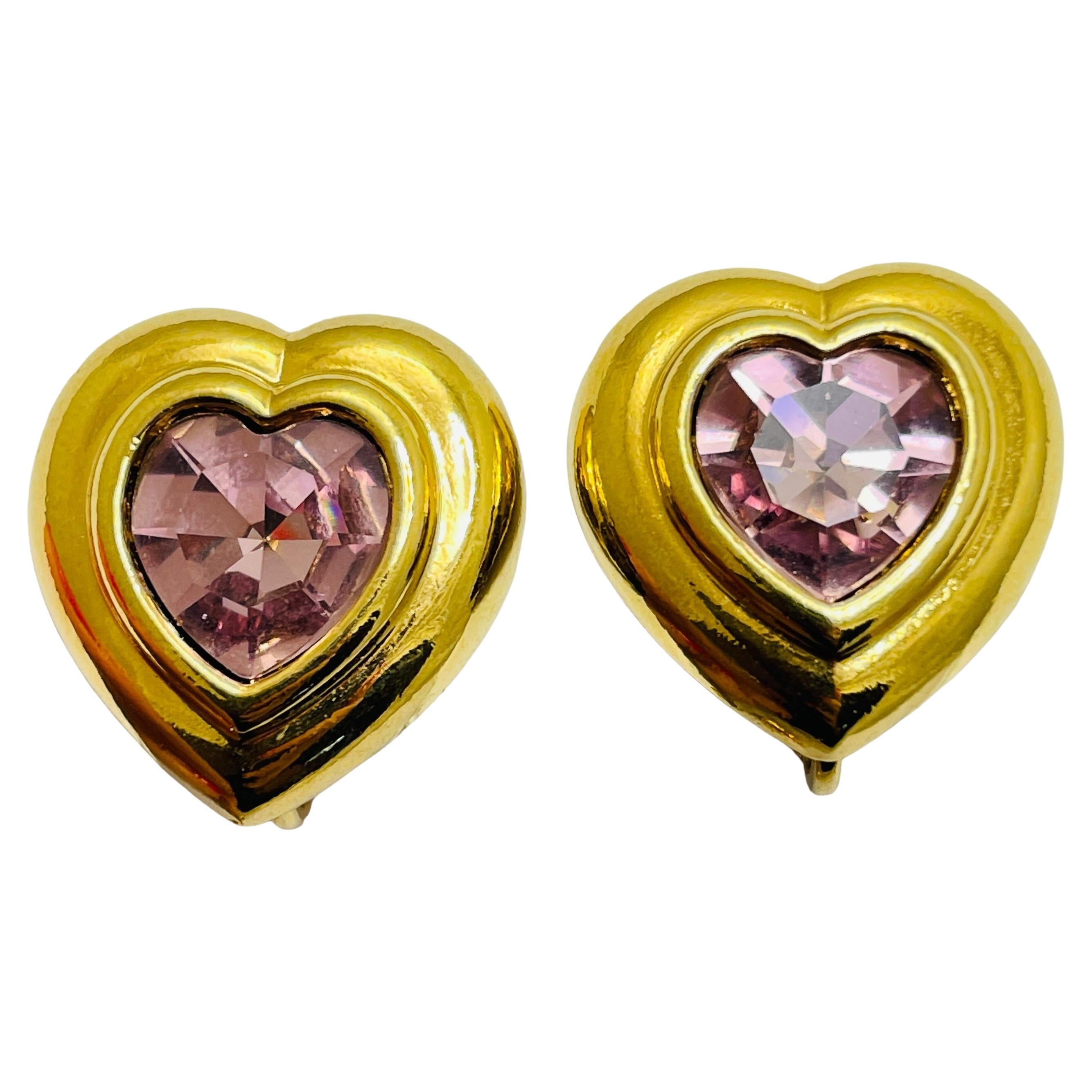 Vintage gold amethyst glass heart designer runway clip on earrings For Sale