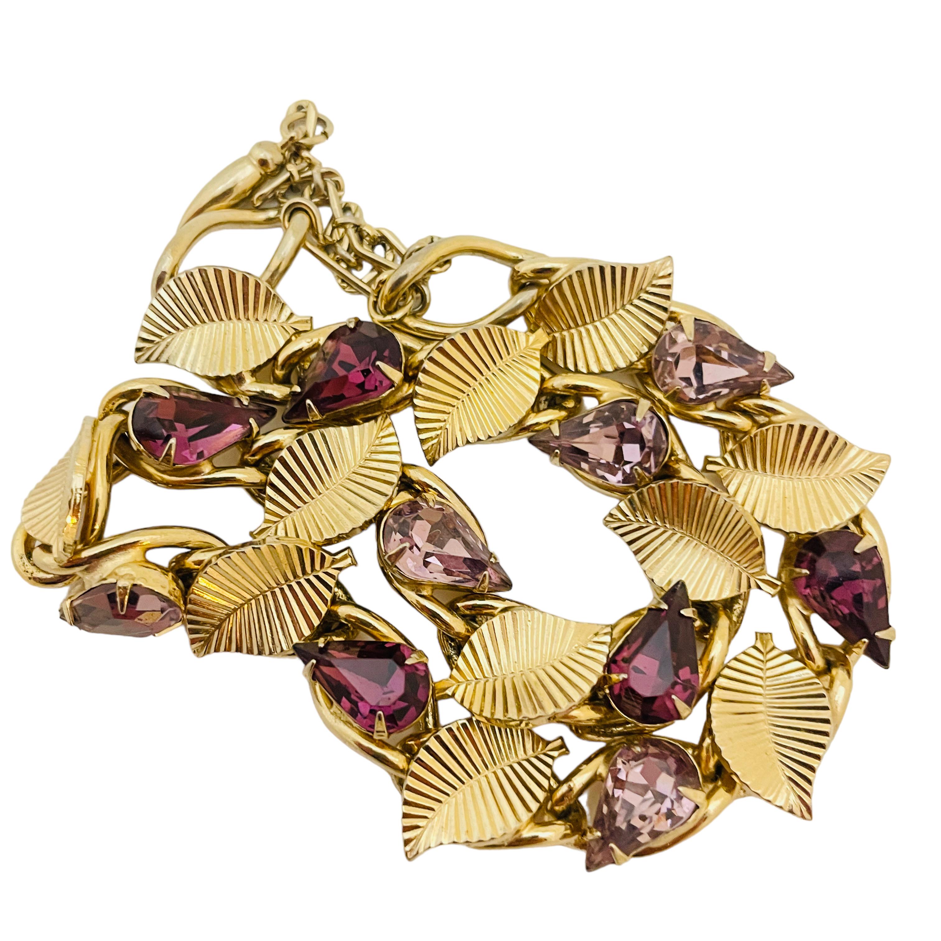 Women's or Men's Vintage gold amethyst glass leaf necklace For Sale