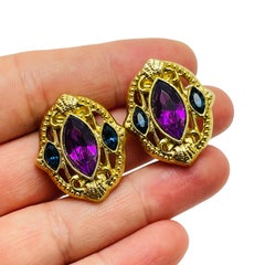 Vintage gold amethyst sapphire glass designer runway clip on earrings