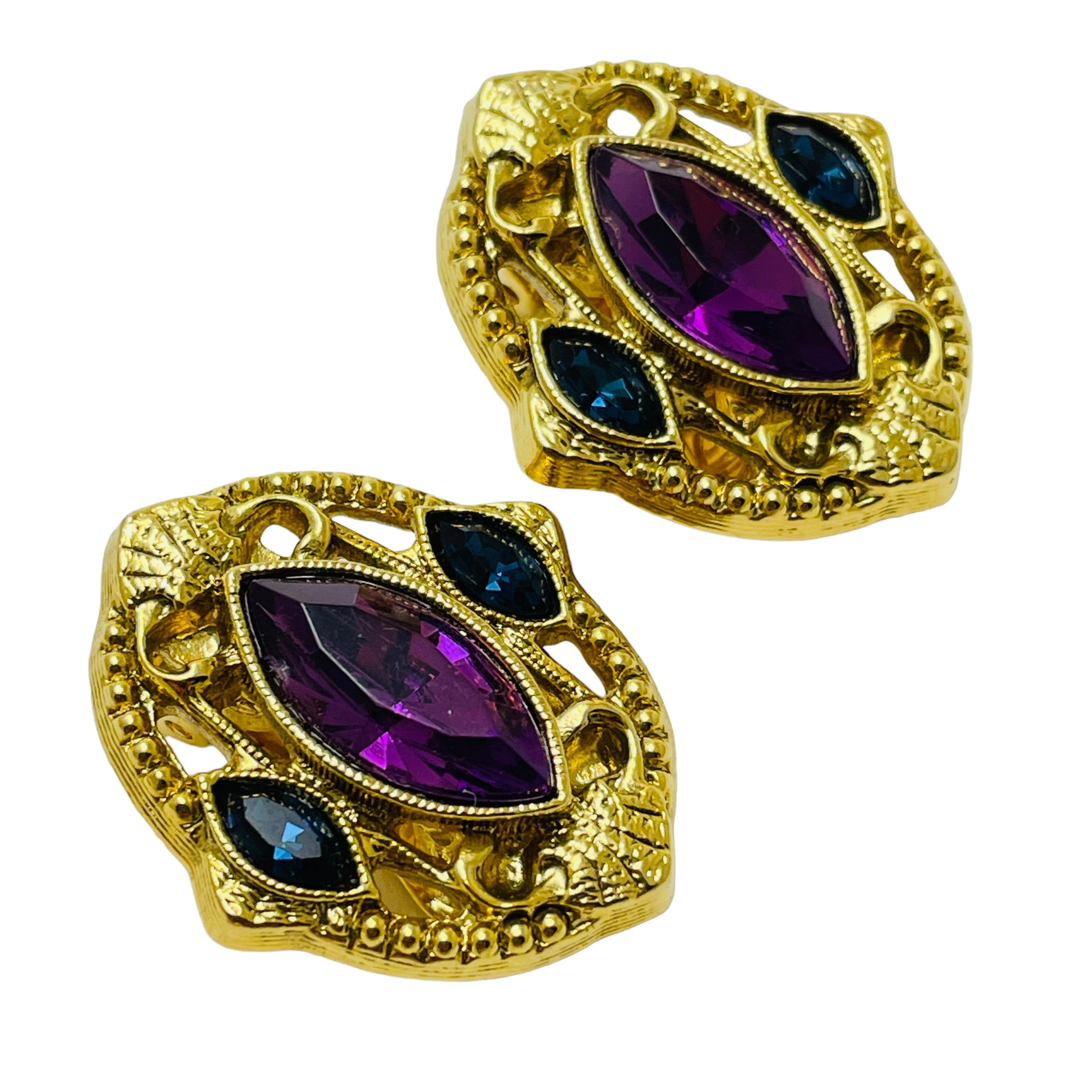 Women's or Men's Vintage gold amethyst sapphire glass designer runway clip on earrings For Sale