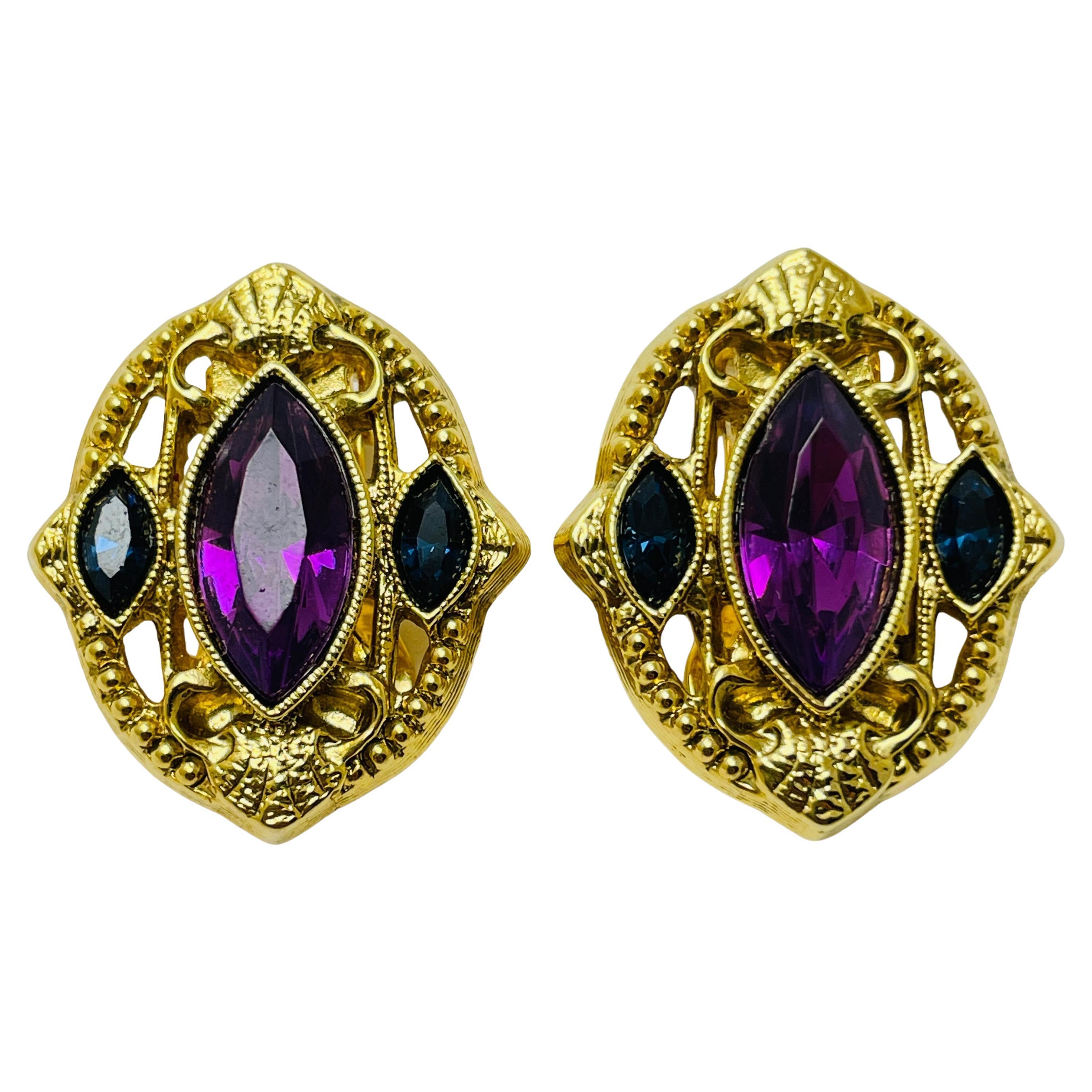Vintage gold amethyst sapphire glass designer runway clip on earrings For Sale