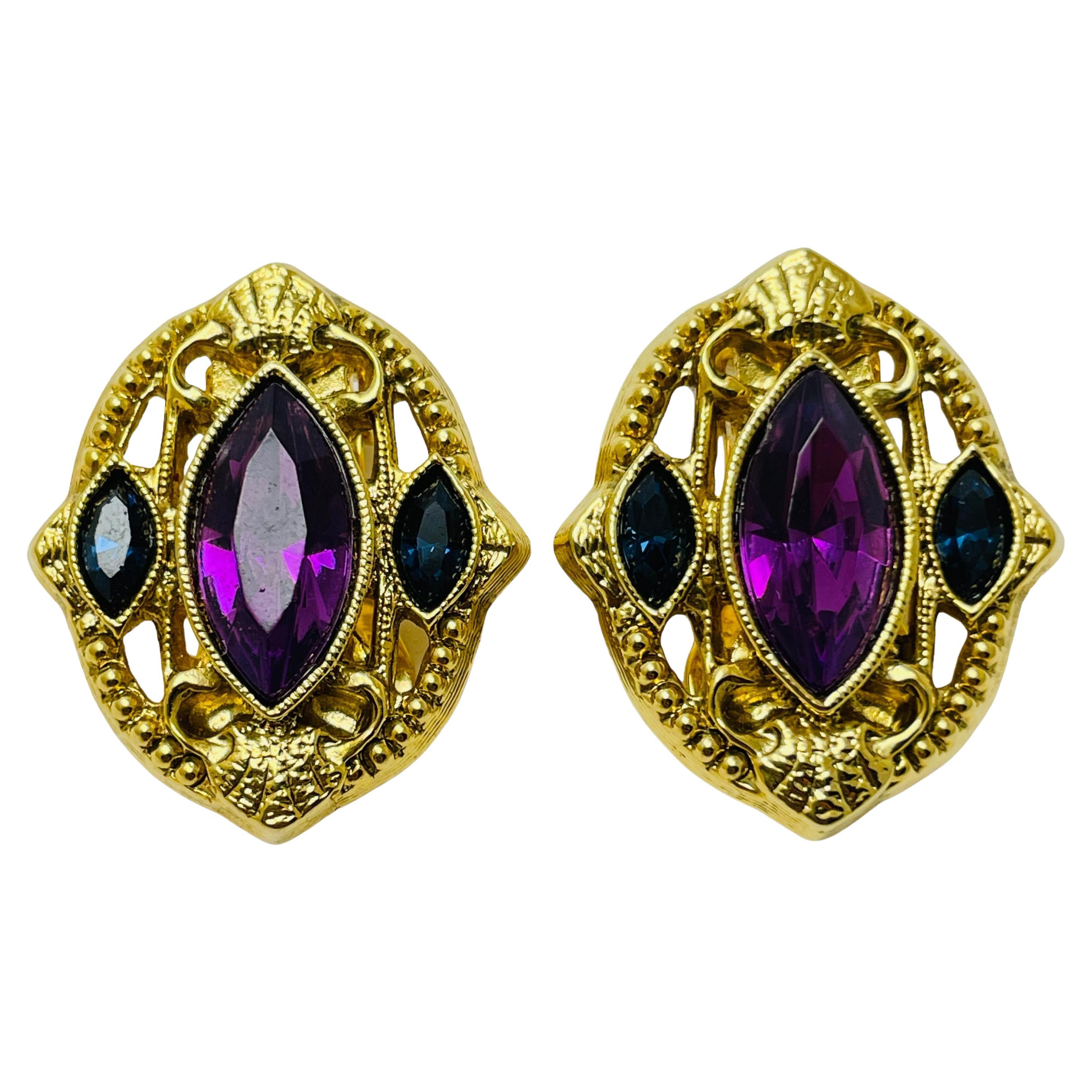 Vintage gold amethyst sapphire glass designer runway clip on earrings