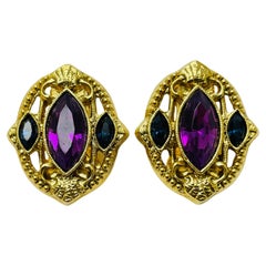 Vintage gold amethyst sapphire glass designer runway clip on earrings