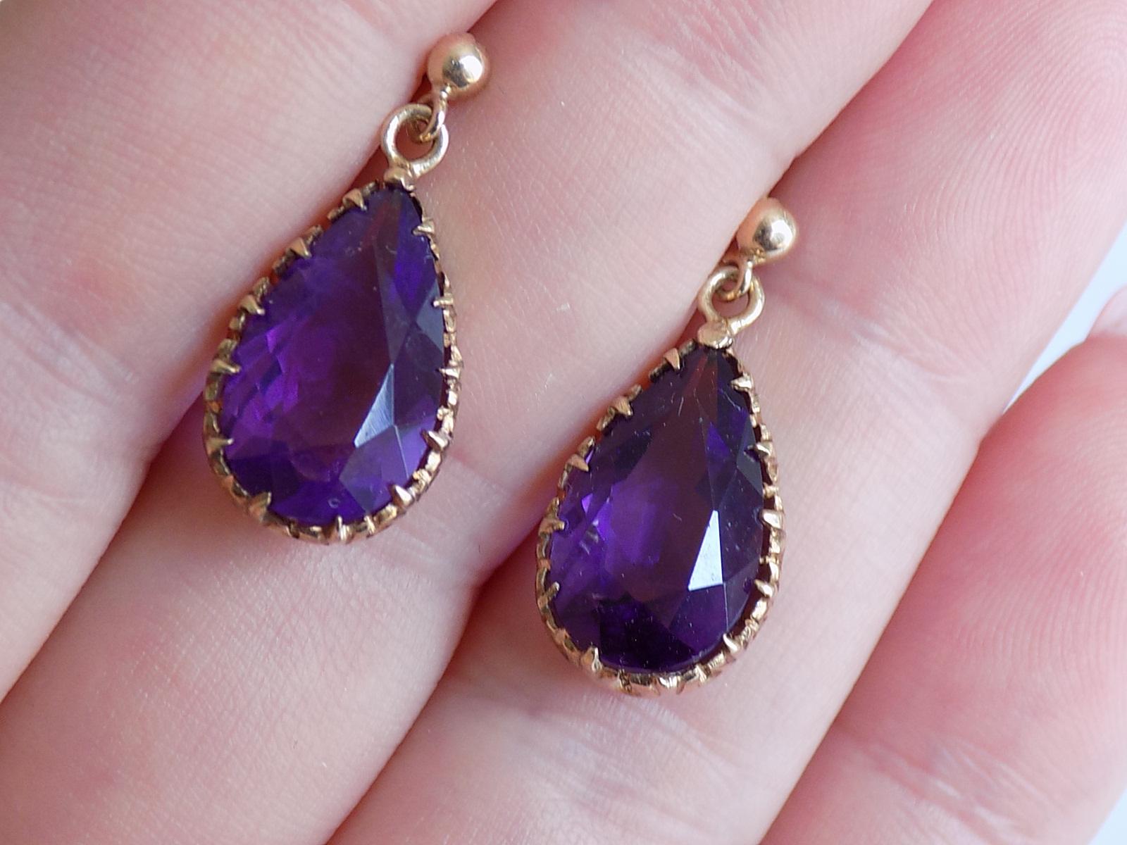 Vintage Gold Amethyst Teardrop Earrings London HM 1