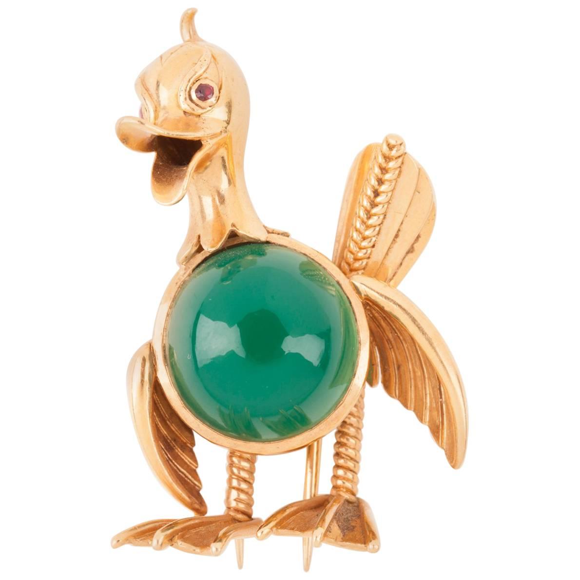 Vintage Gold and Agate French Duck Brooch For Sale