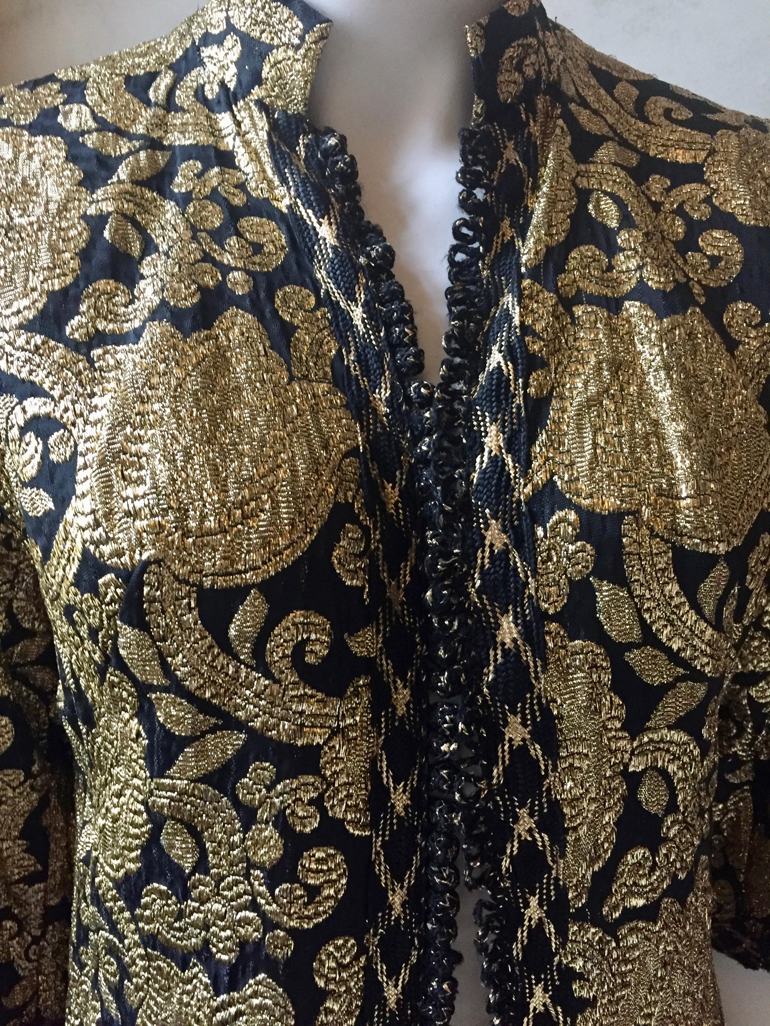 Women's Vintage Gold and Black Brocade Dress/Jacket with Knot Buttons For Sale