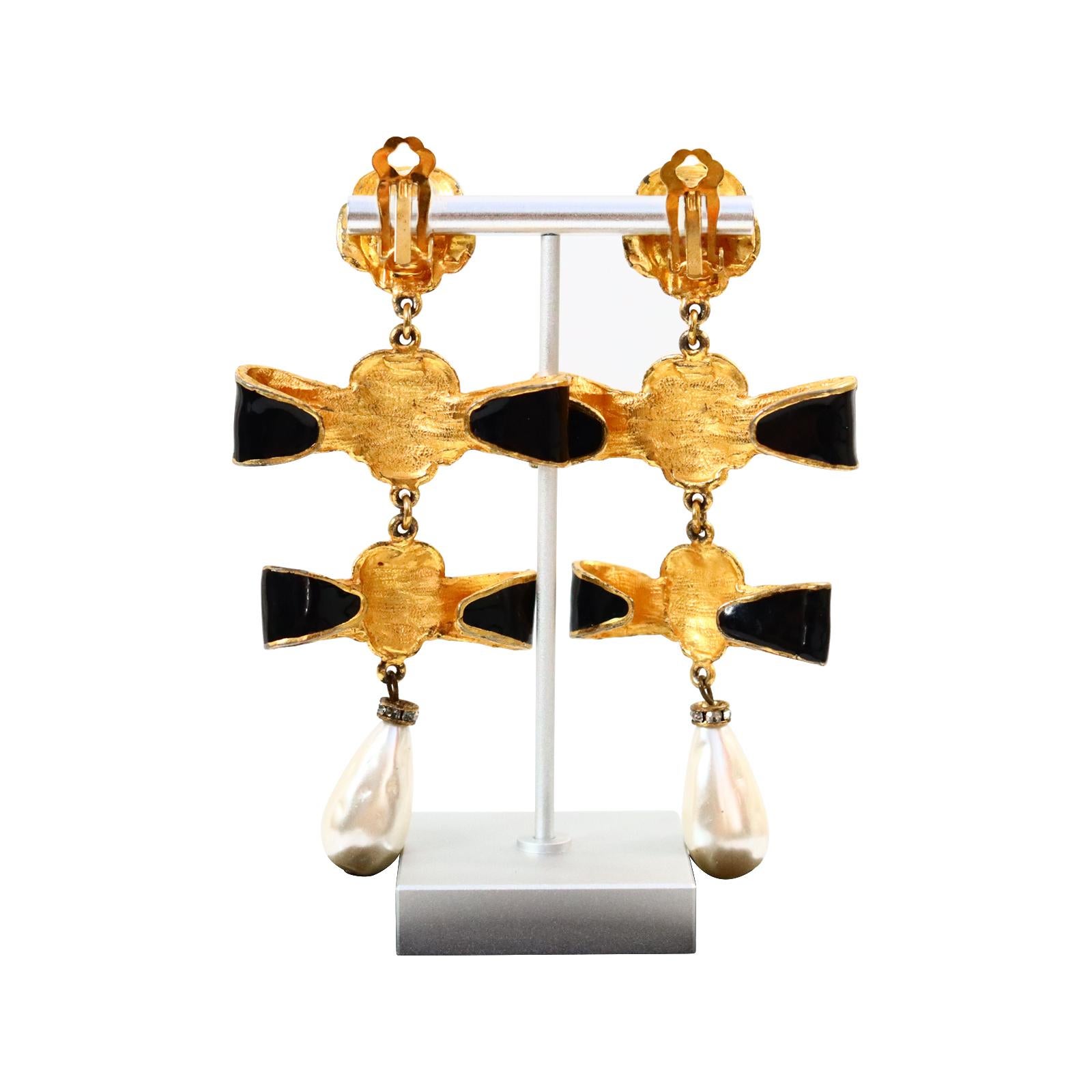 Vintage Gold and Blue Enamel with Faux Dangling Pearl Earrings Circa 1980s For Sale 1