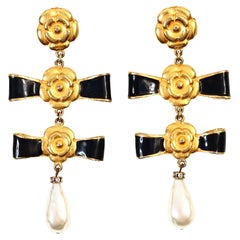 Vintage Gold and Blue Enamel with Faux Dangling Pearl Earrings Circa 1980s