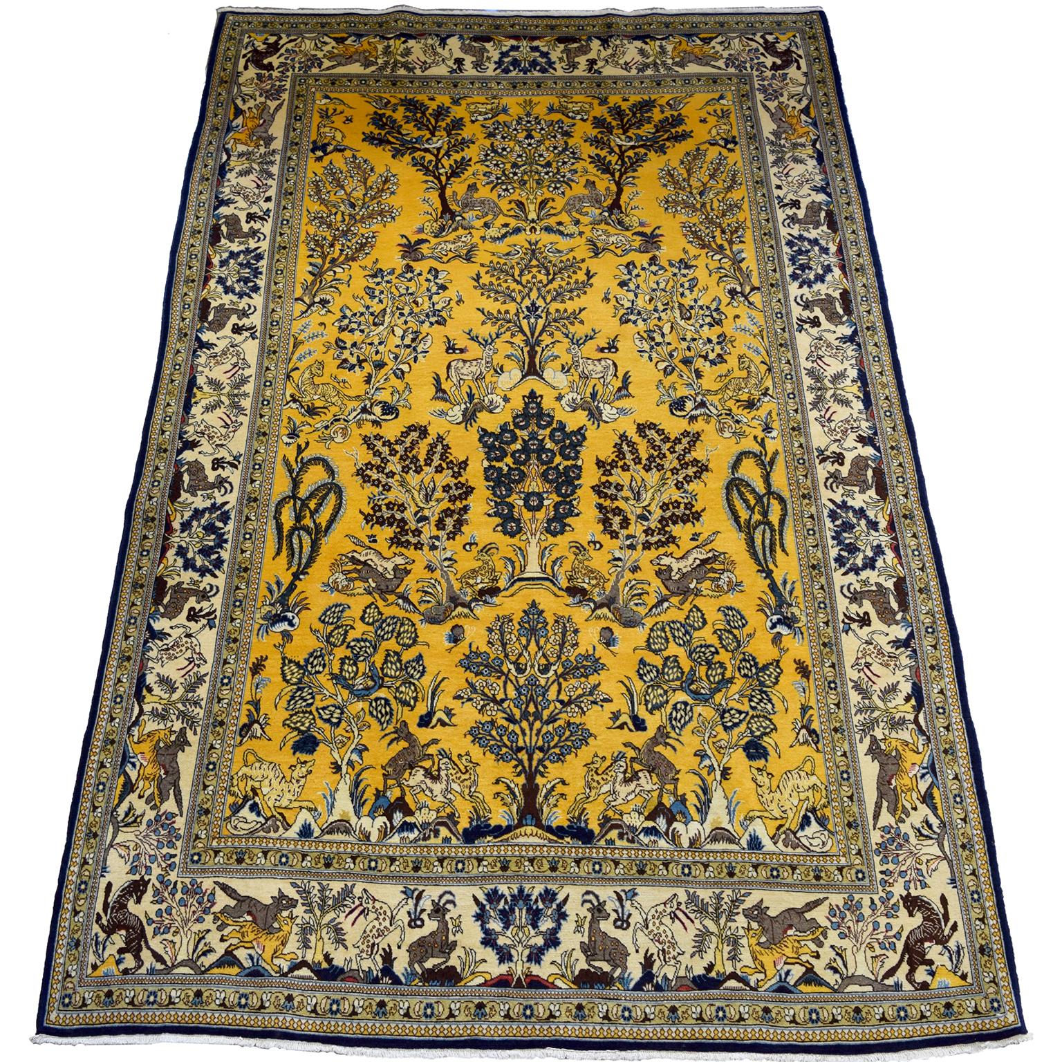 Semi-antique 1940s Gold and Blue Ghom Tree of Life Wool Persian Rug, 8' x 10' For Sale 6