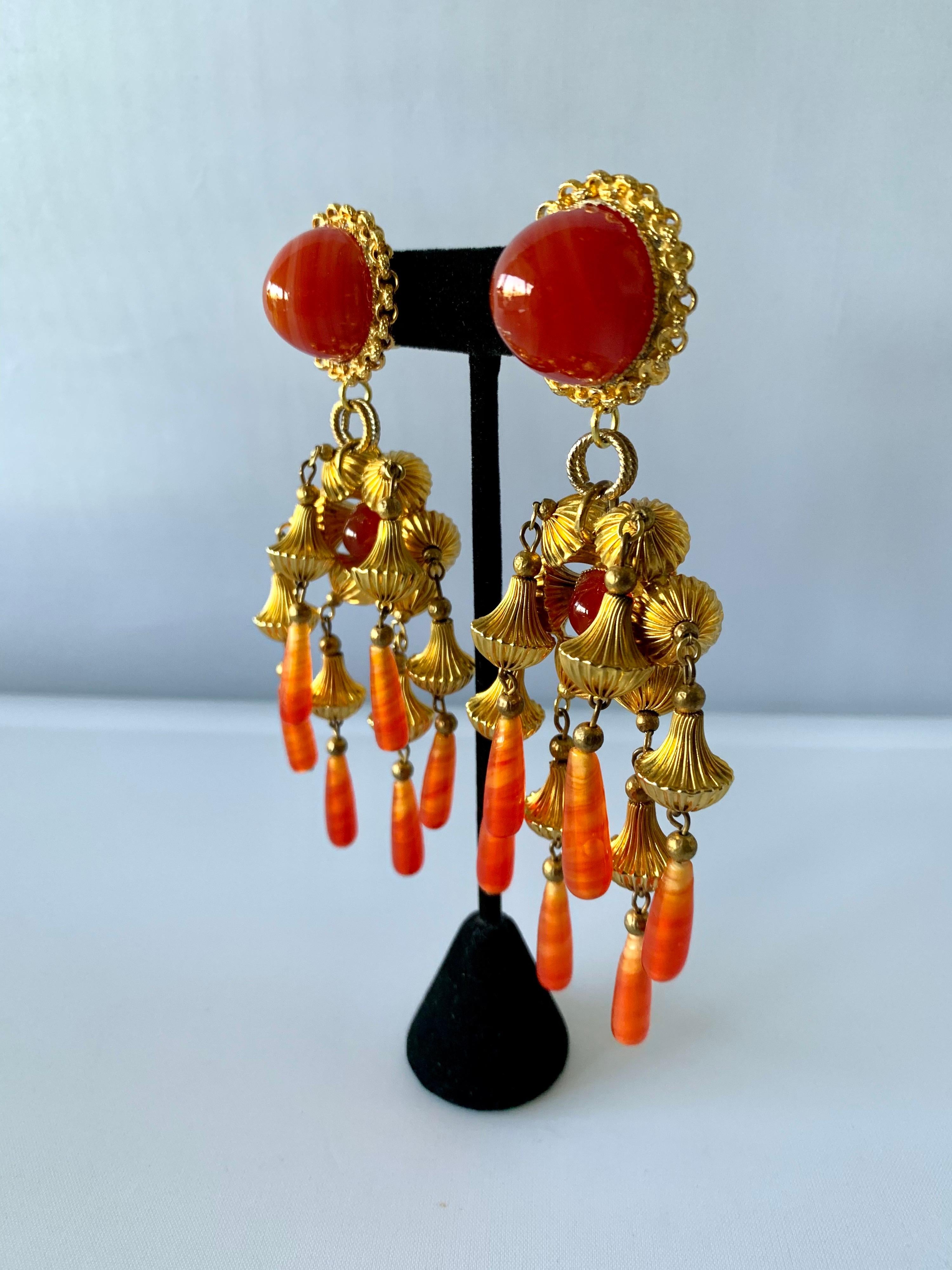 Post-War Vintage Gold and Carnelian Dangle Earrings 