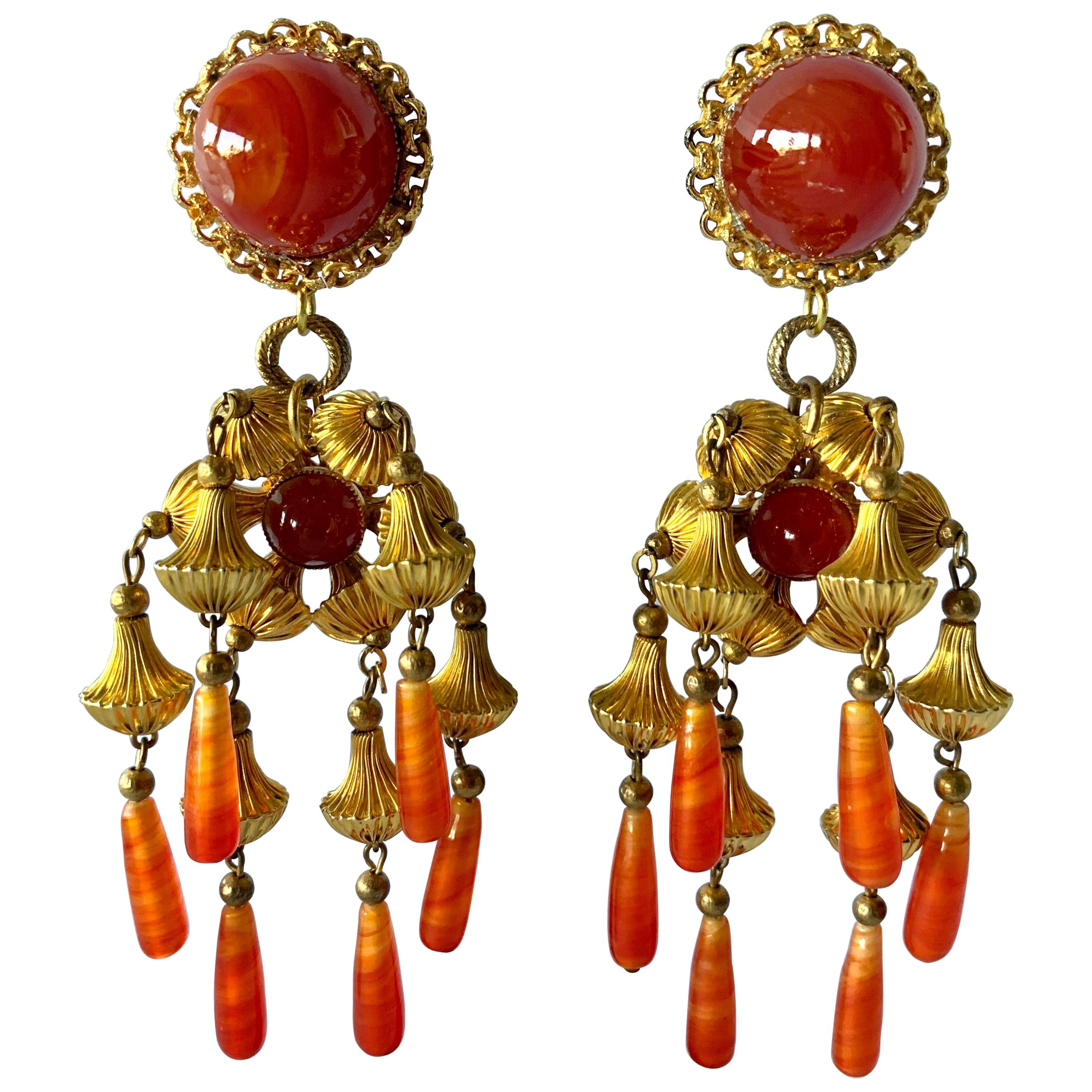 Vintage Gold and Carnelian Dangle Earrings 