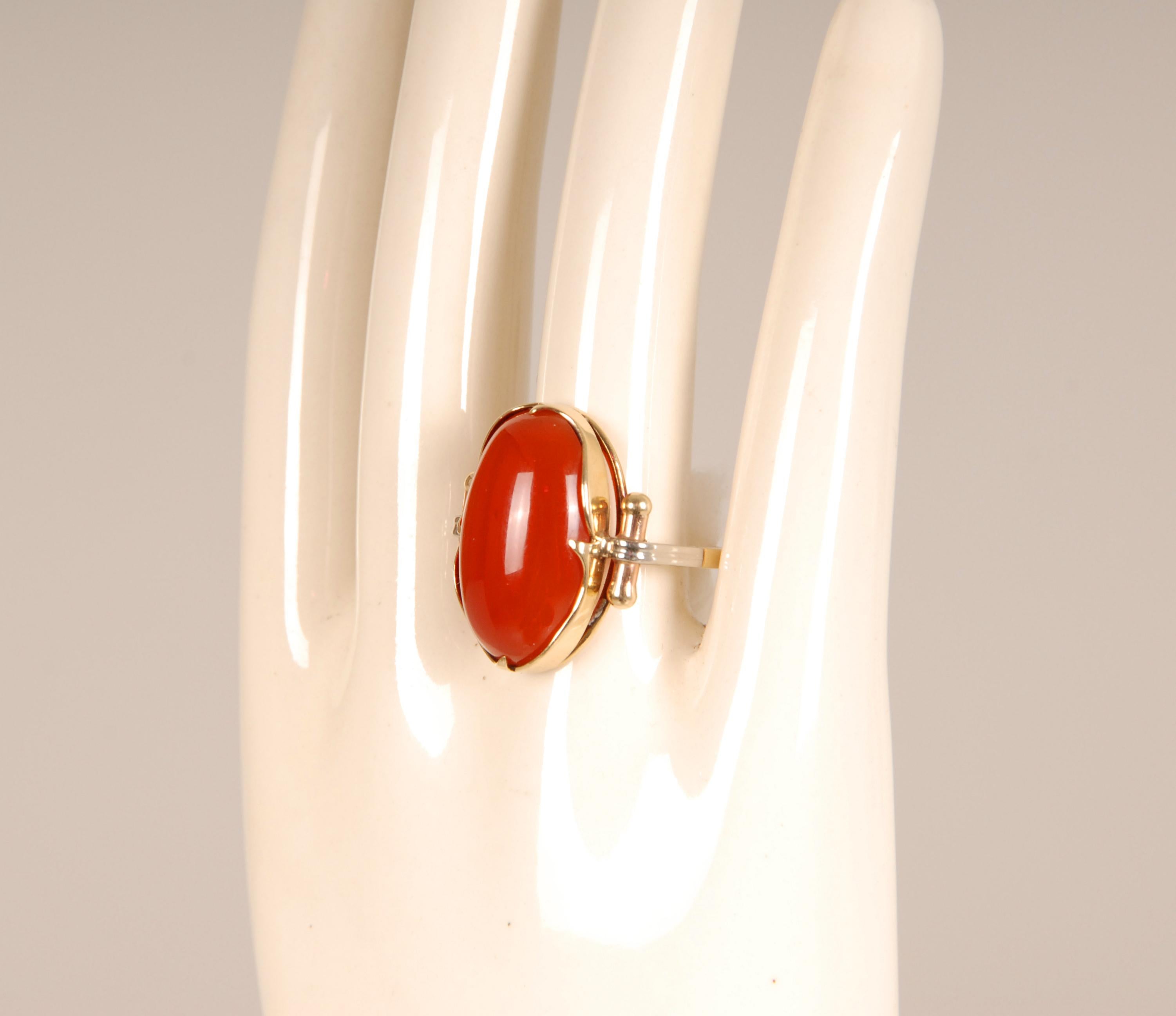 Dutch Mid Century Gold Ring with Cabochon Cut Agate Carnelian For Sale
