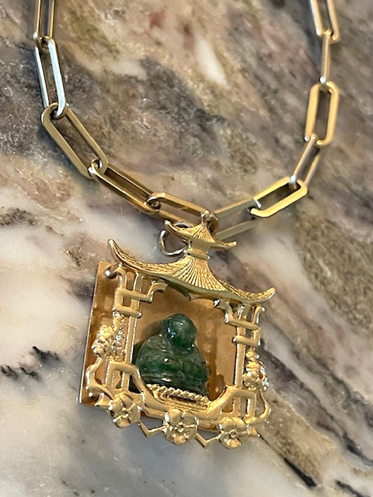 Uncut Vintage Gold and Carved Jade Pagoda Statement Charm