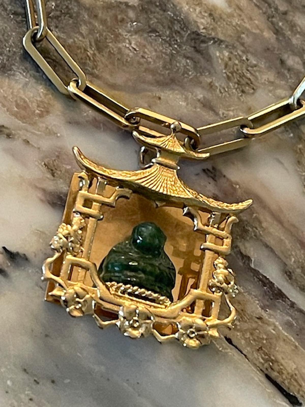 Women's or Men's Vintage Gold and Carved Jade Pagoda Statement Charm