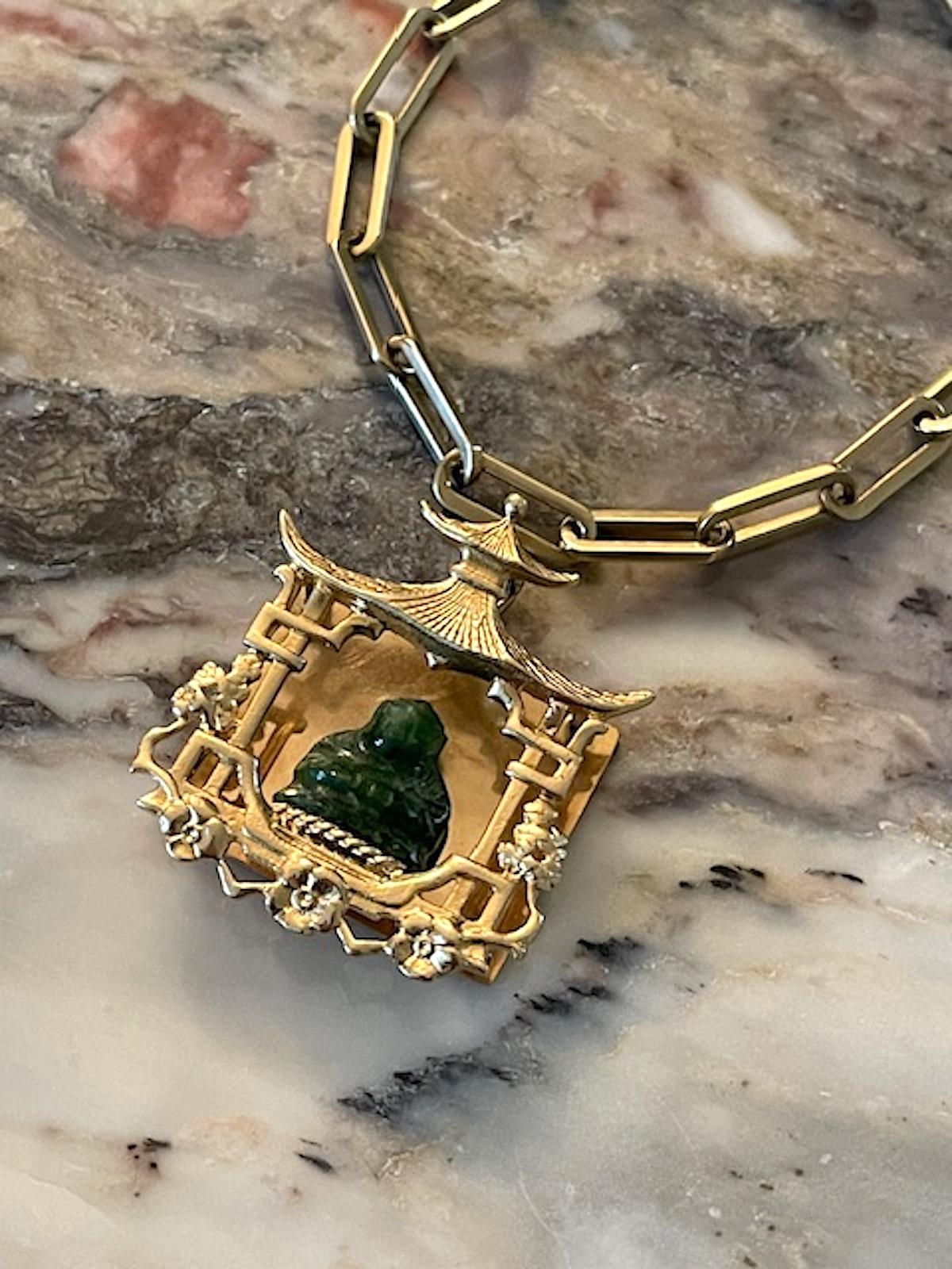 Vintage Gold and Carved Jade Pagoda Statement Charm 2