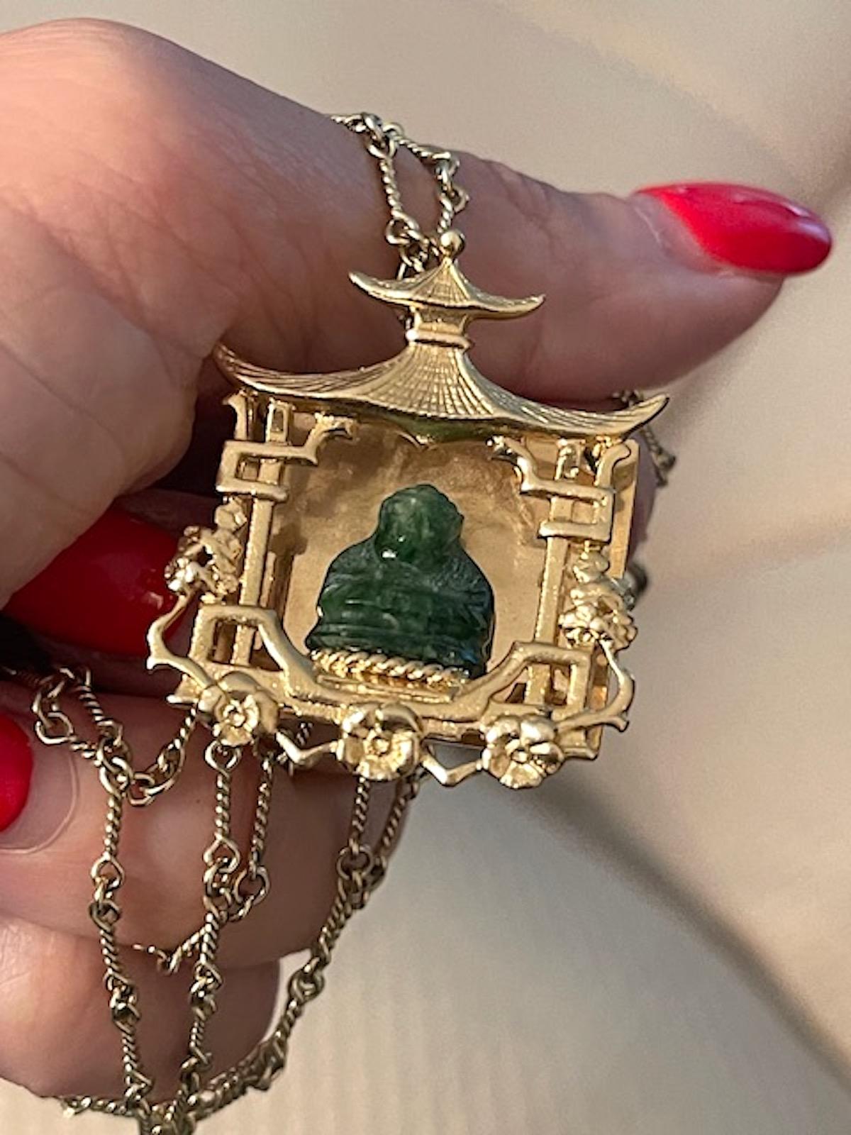 Vintage Gold and Carved Jade Pagoda Statement Charm 3