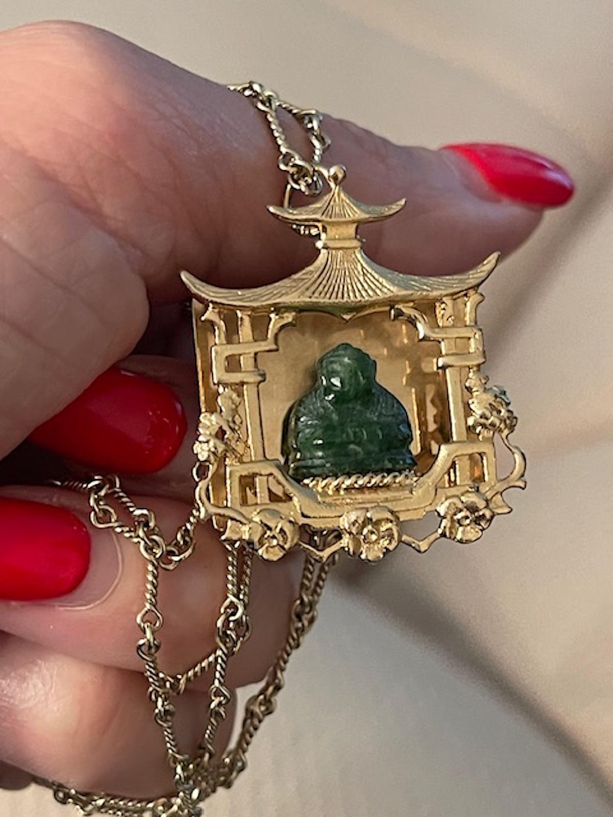 Vintage Gold and Carved Jade Pagoda Statement Charm 4