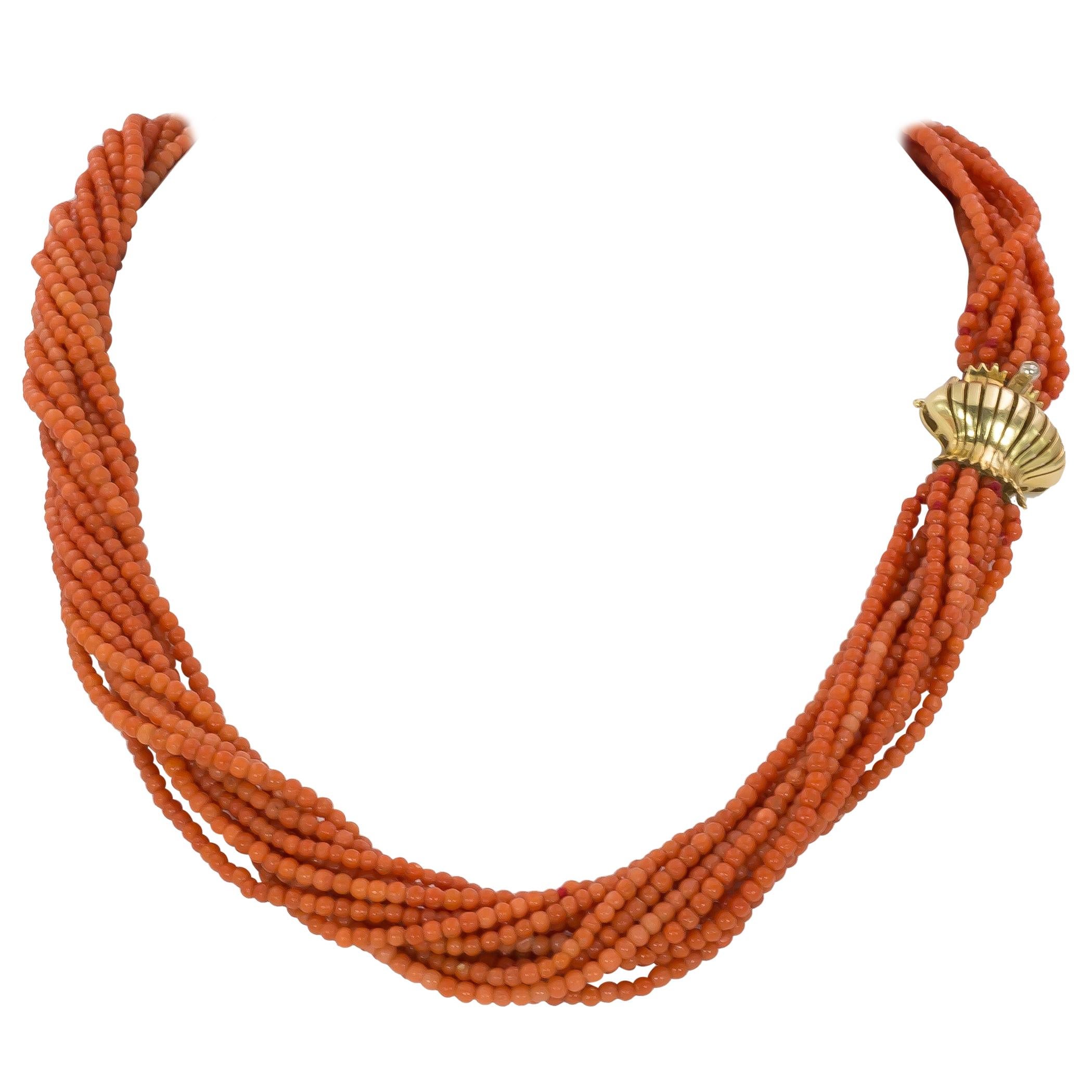 Vintage Gold and Coral Torchon Beaded Necklace, 1970s For Sale