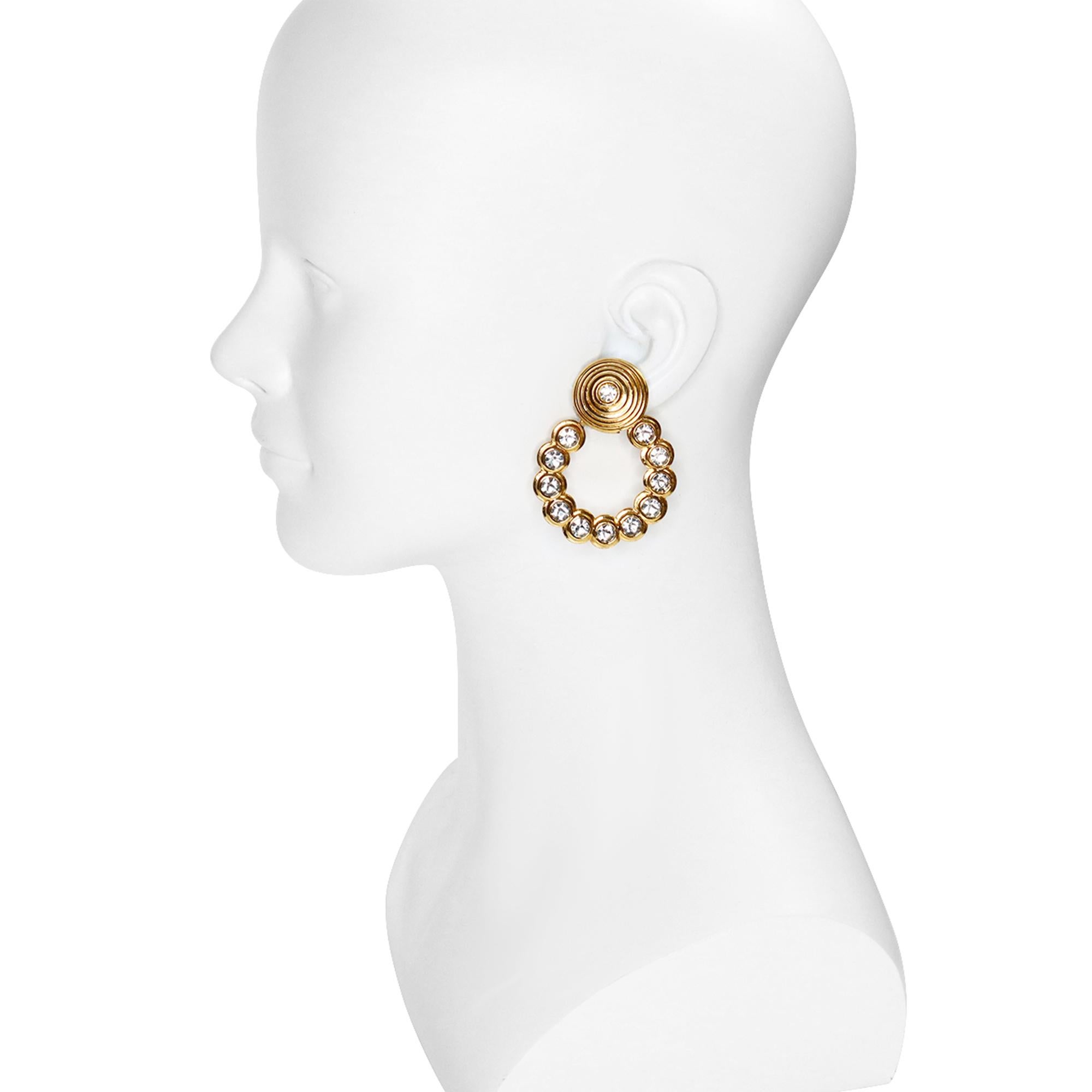 Modern Vintage Gold and Crystal Dangling Hoop Earrings Circa 1980s For Sale