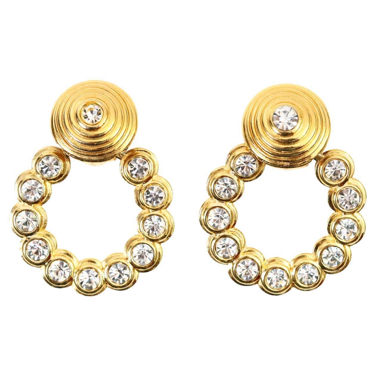 Dangling Hoops Vintage Gold and Crystal Dangling Hoop Earrings Circa 1980s For Sale at ...