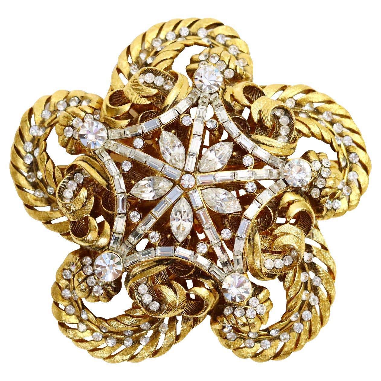 Vintage Gold and Crystal Domed Large Brooch Circa 1980s For Sale at 1stDibs