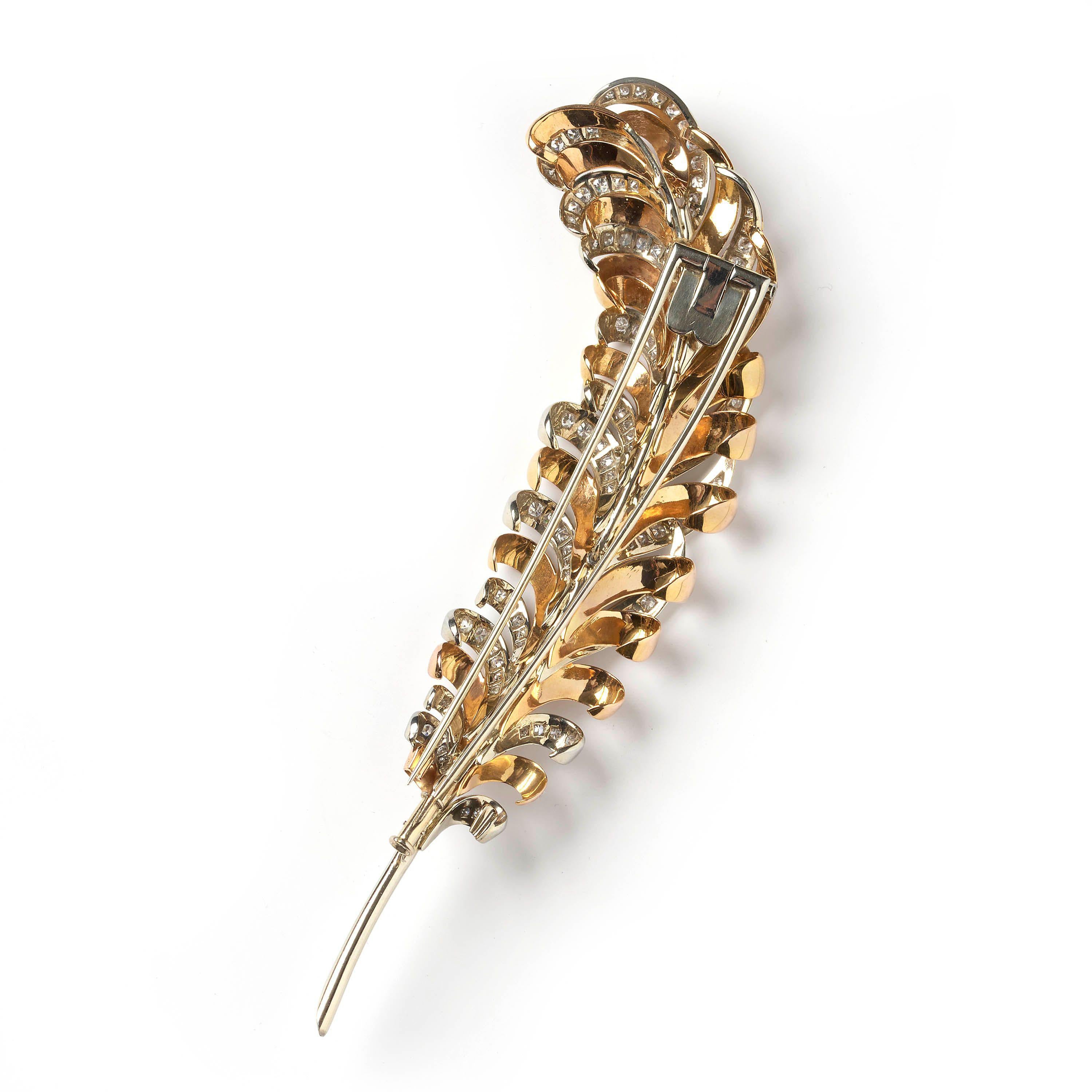 Retro Vintage Gold and Diamond Feather Brooch, 3.50 Carats For Sale
