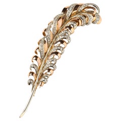 Vintage Gold and Diamond Feather Brooch, 3.50 Carats