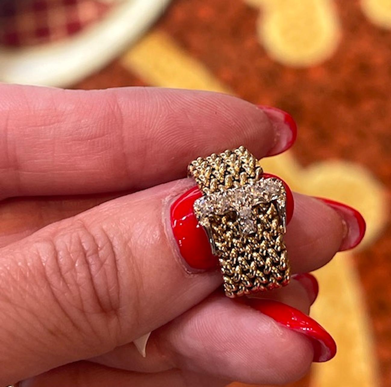 Round Cut Vintage Gold and Diamond Mesh Buckle Ring