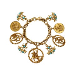 Vintage Gold Charm Bracelet with Faux Turquoise and Pearls, 1980s