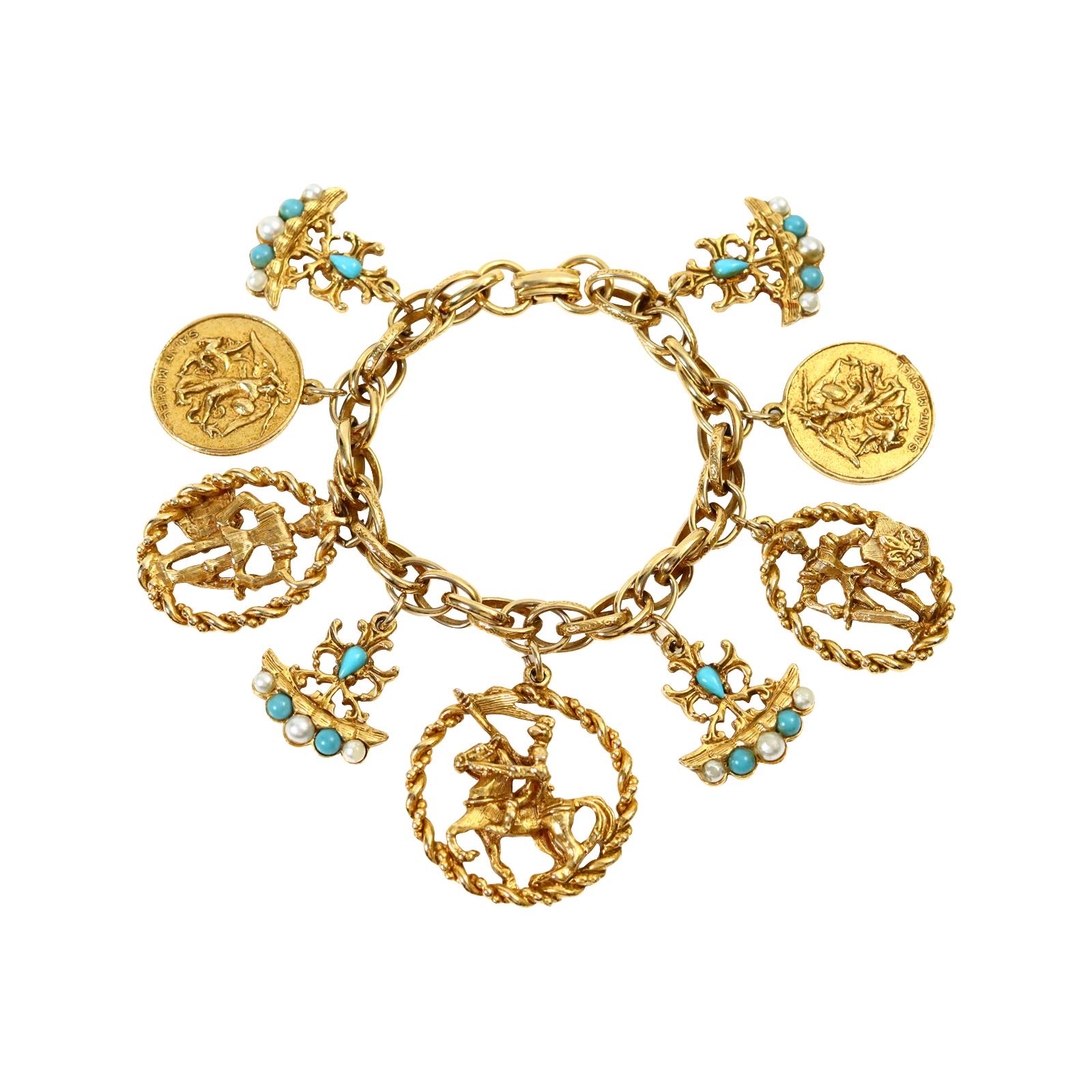 Vintage-Charm-Armband aus Gold und Türkis, ca. 1980er Jahre (Moderne) im Angebot