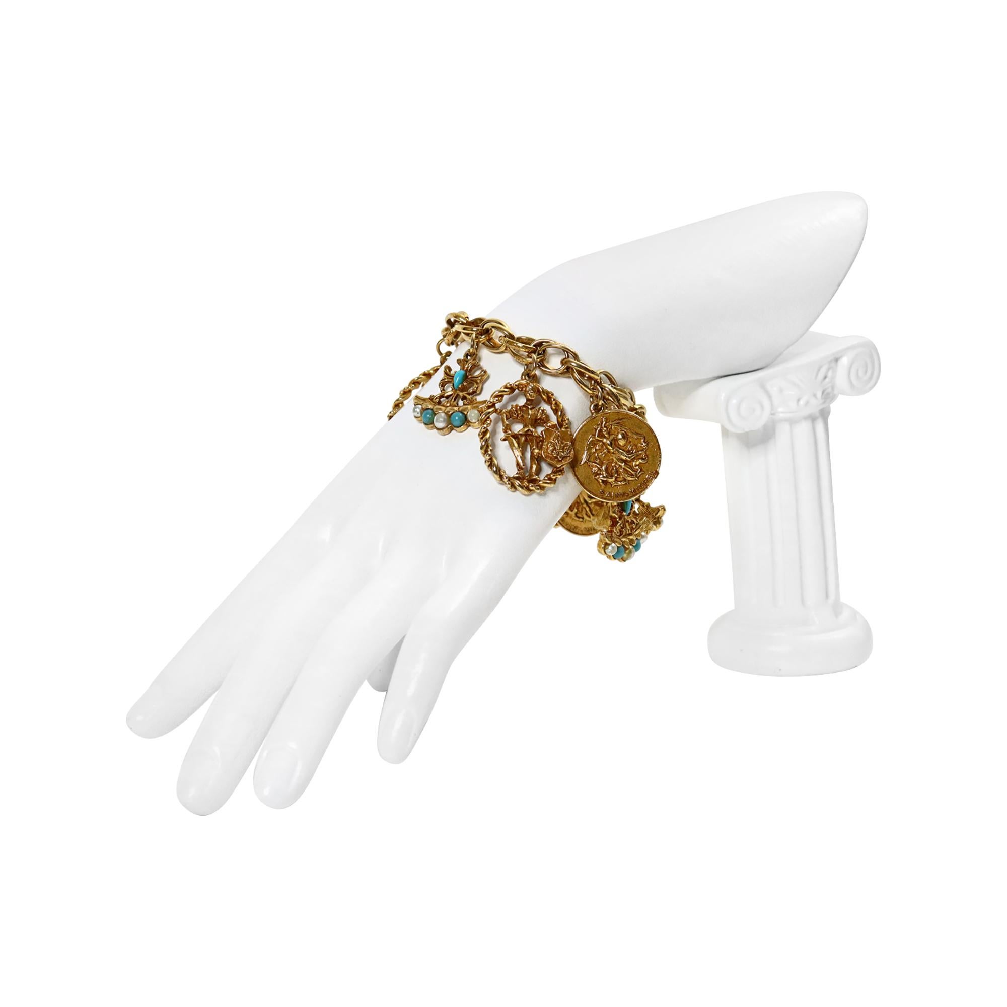 da uomo o donna Bracciale con charme in oro e finto turchese d'epoca, anni '80 circa in vendita
