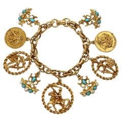 Vintage Gold and Faux Turquoise Charm Bracelet, circa 1980s