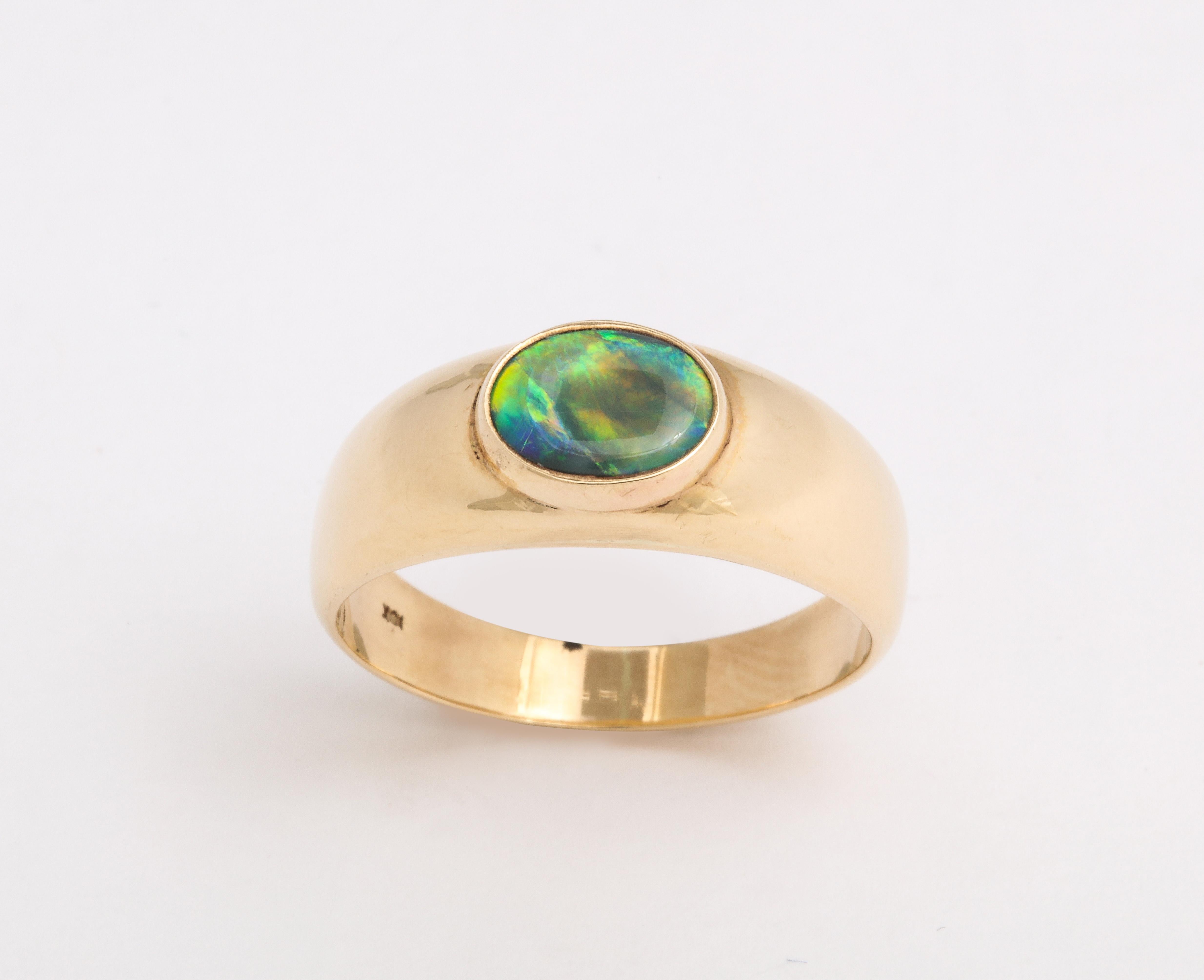 Modern Vintage Gold and Ocean Australian Blue Green Black Opal Ring For Sale