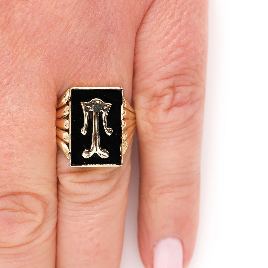 Vintage Gold and Onyx Big T Initial Ring, Circa 1963 3