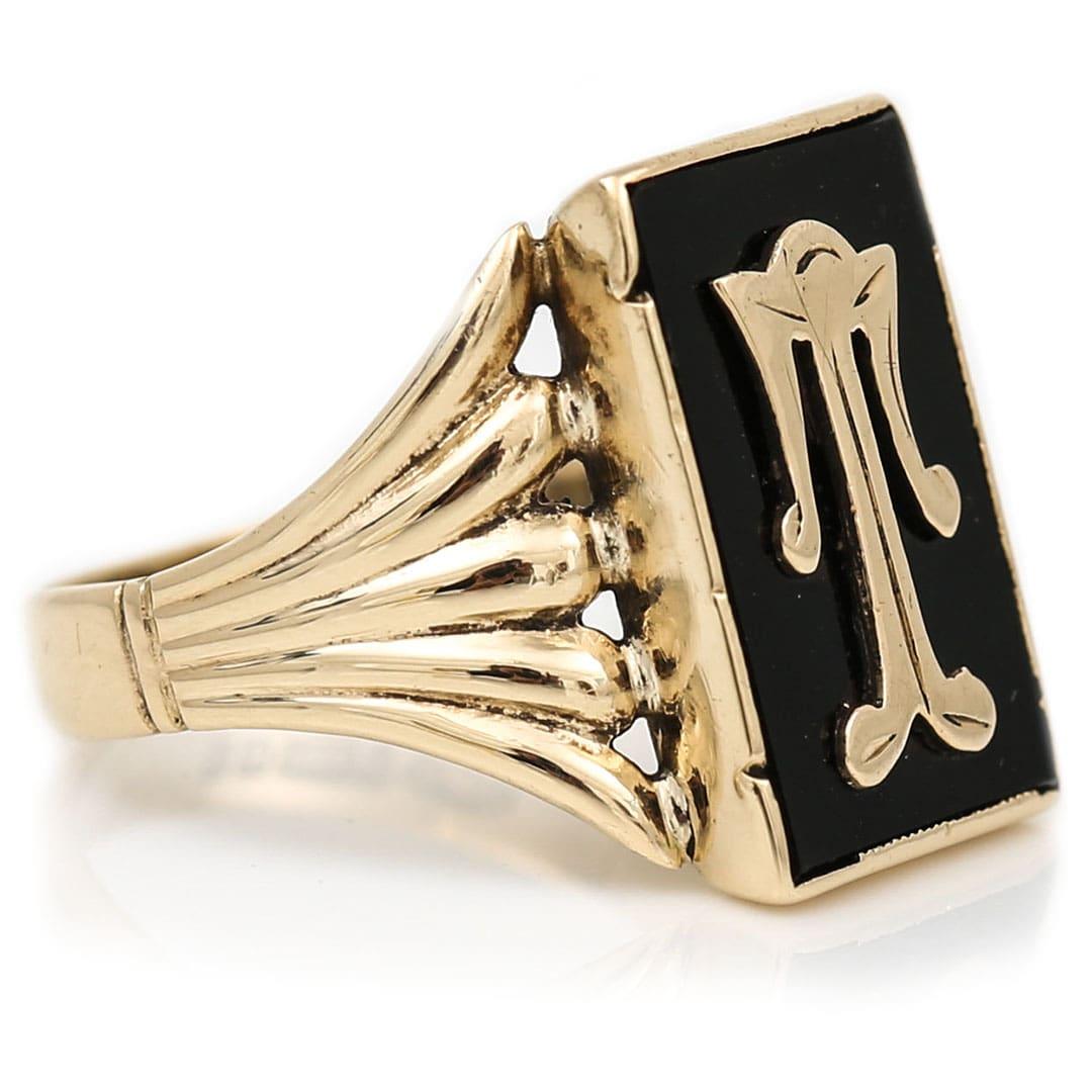Art Deco Vintage Gold and Onyx Big T Initial Ring, Circa 1963