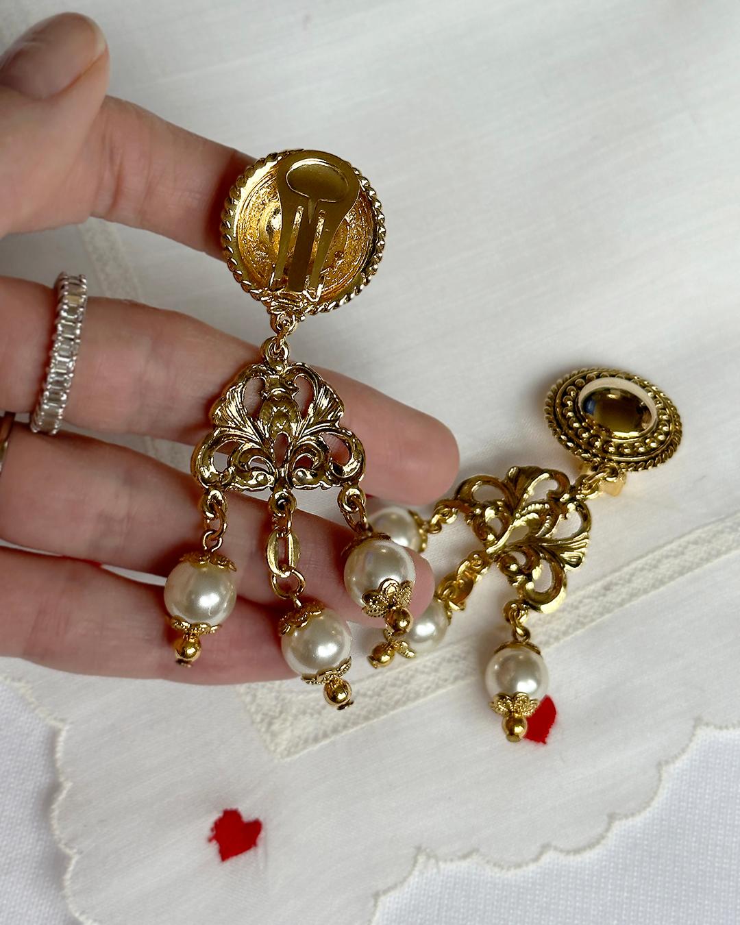 Baroque Revival Vintage Gold and Pearl Chandelier Earrings For Sale