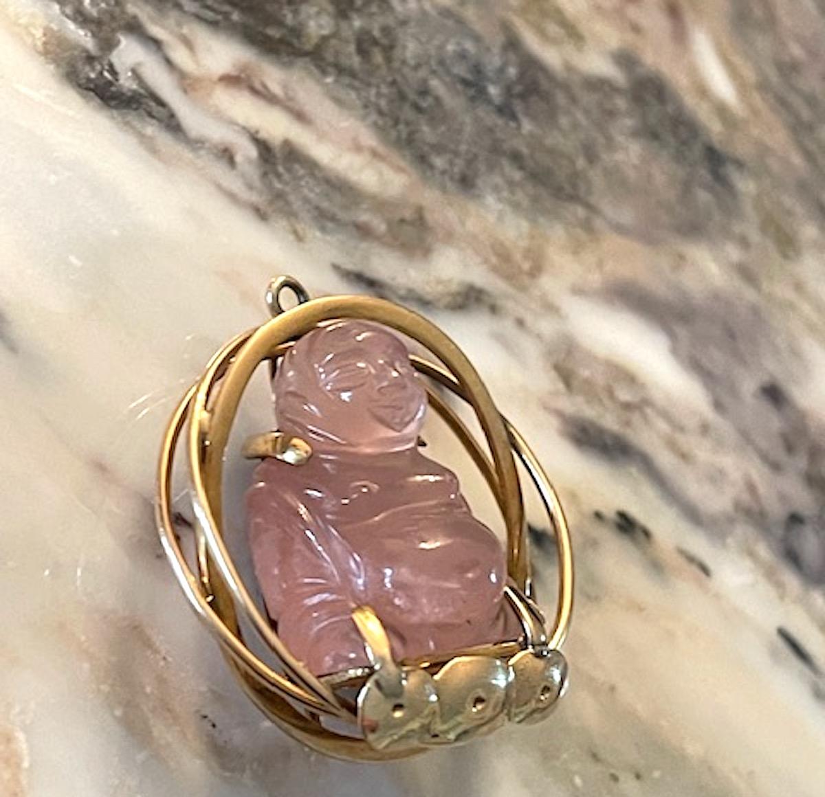 Vintage Gold and Pink Quartz Buddha Statement Large Charm In Good Condition In New York, NY