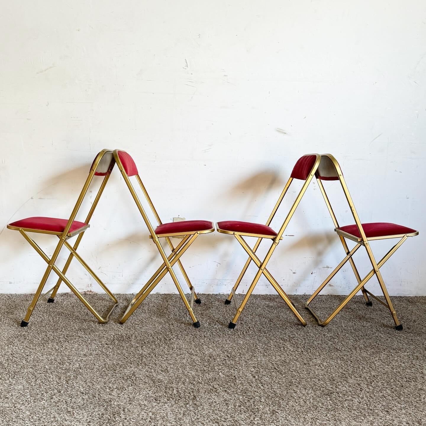 Fabric Vintage Gold and Red Folding Chairs by A. Fritz and Co - Set of 4 For Sale