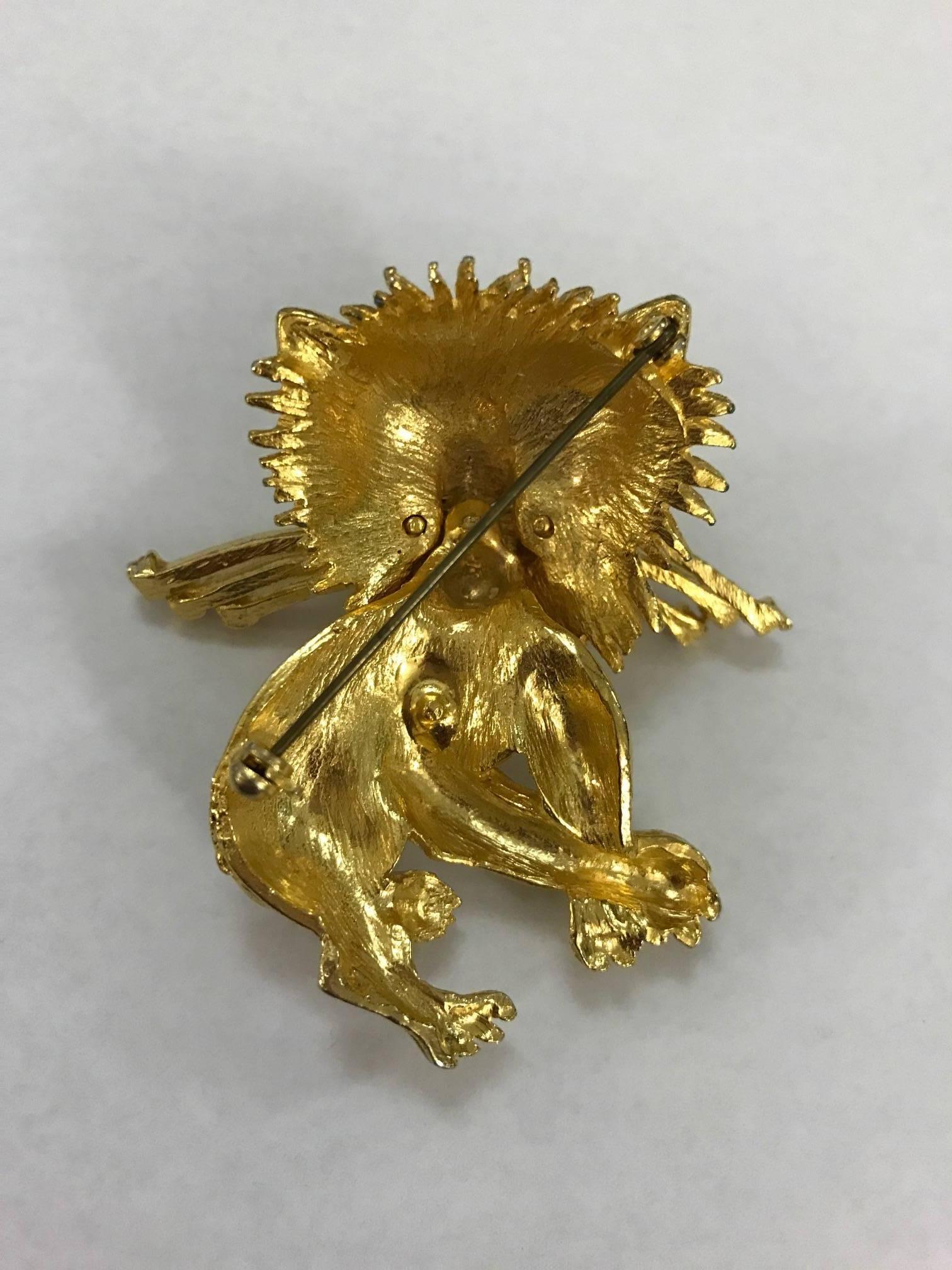 Women's or Men's Vintage Gold and Rhinestone Lion Pin Brooch