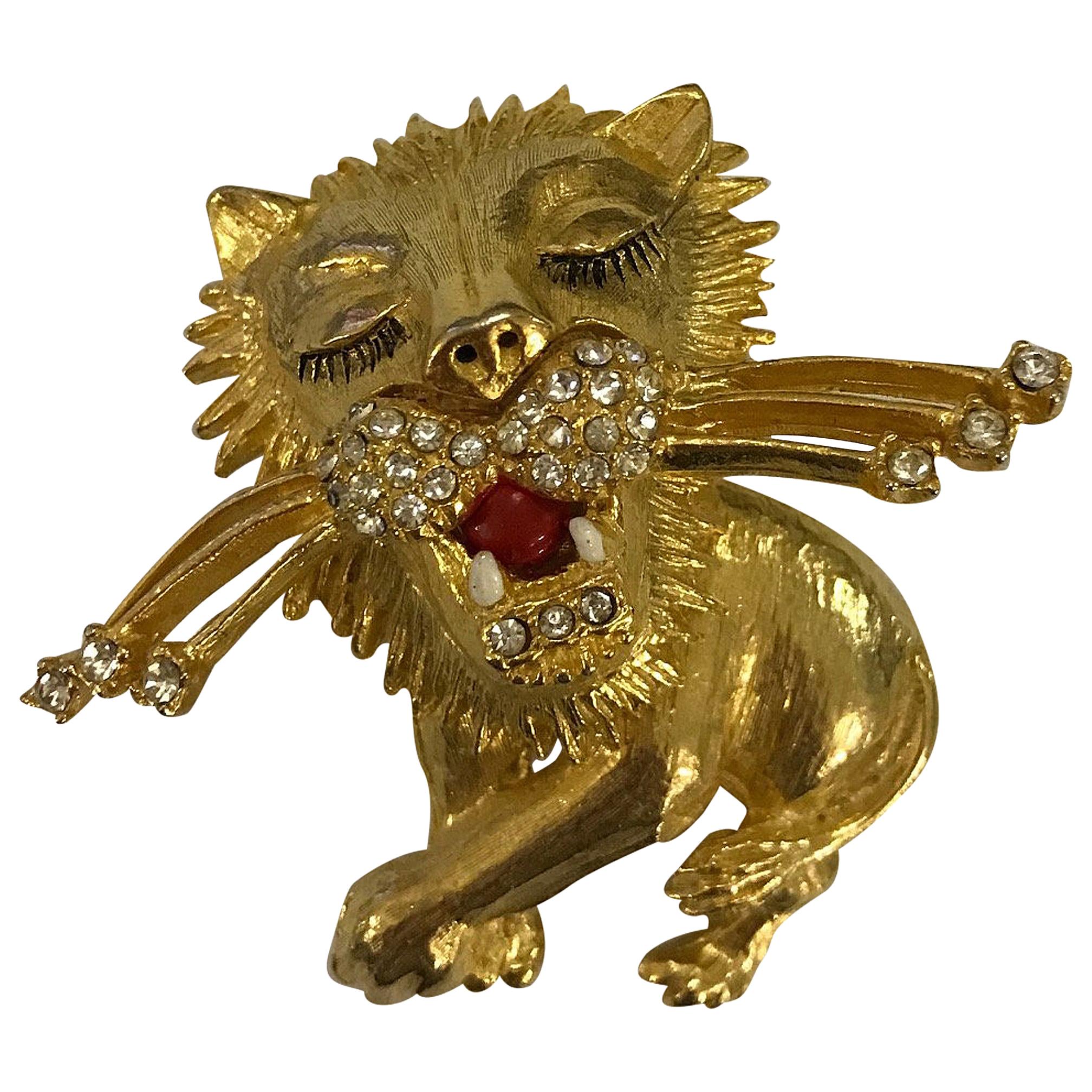 Vintage Gold and Rhinestone Lion Pin Brooch